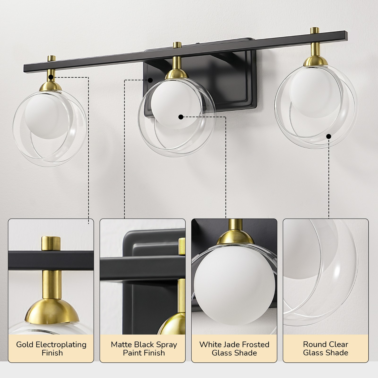 EDISHINE 24″ Geometric Vanity Light,3 Lights,Matte Black Gold Trim,Frosted Glass