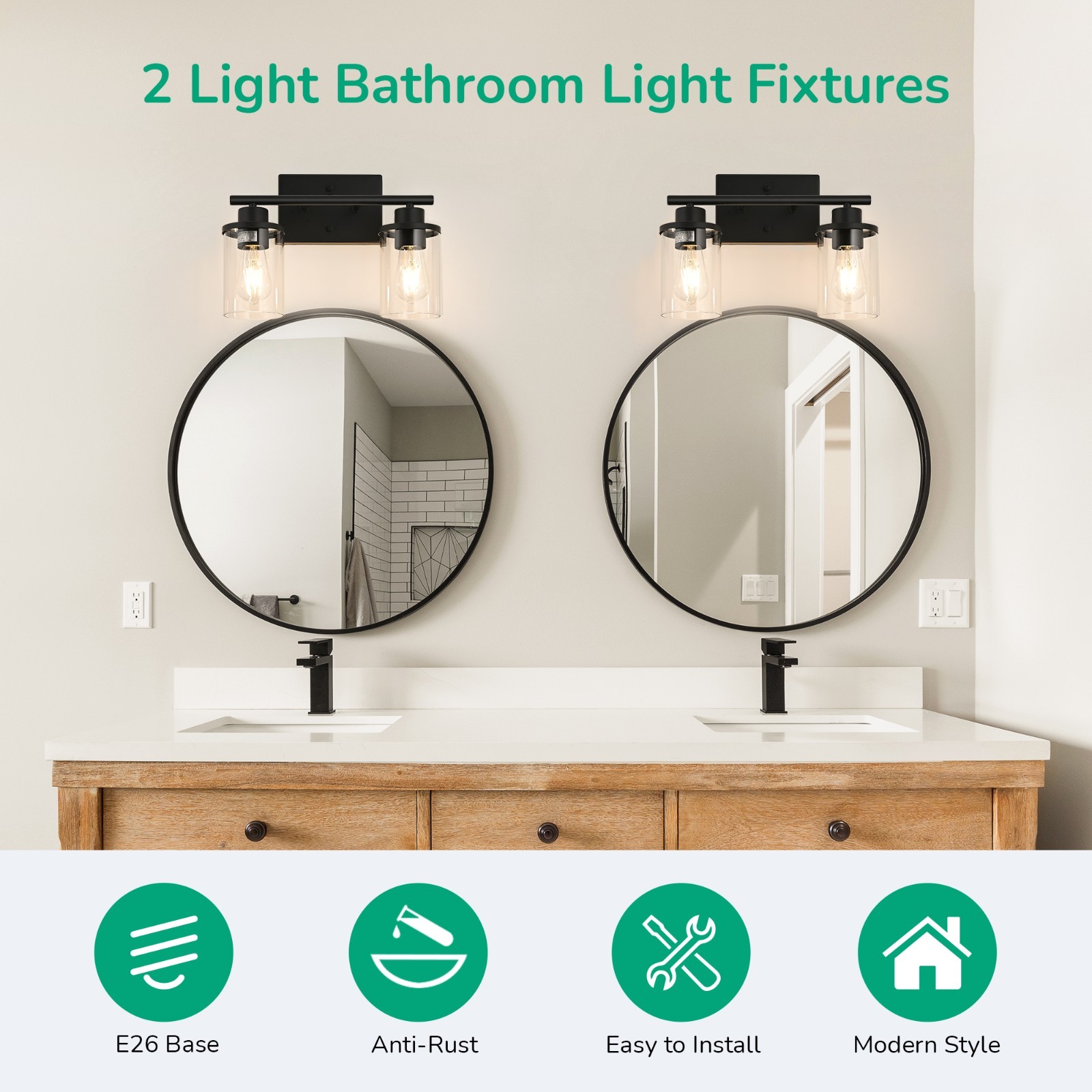 Matte Black Bathroom Vanity Light 2 Light Clear Glass Modern Wall Sconce