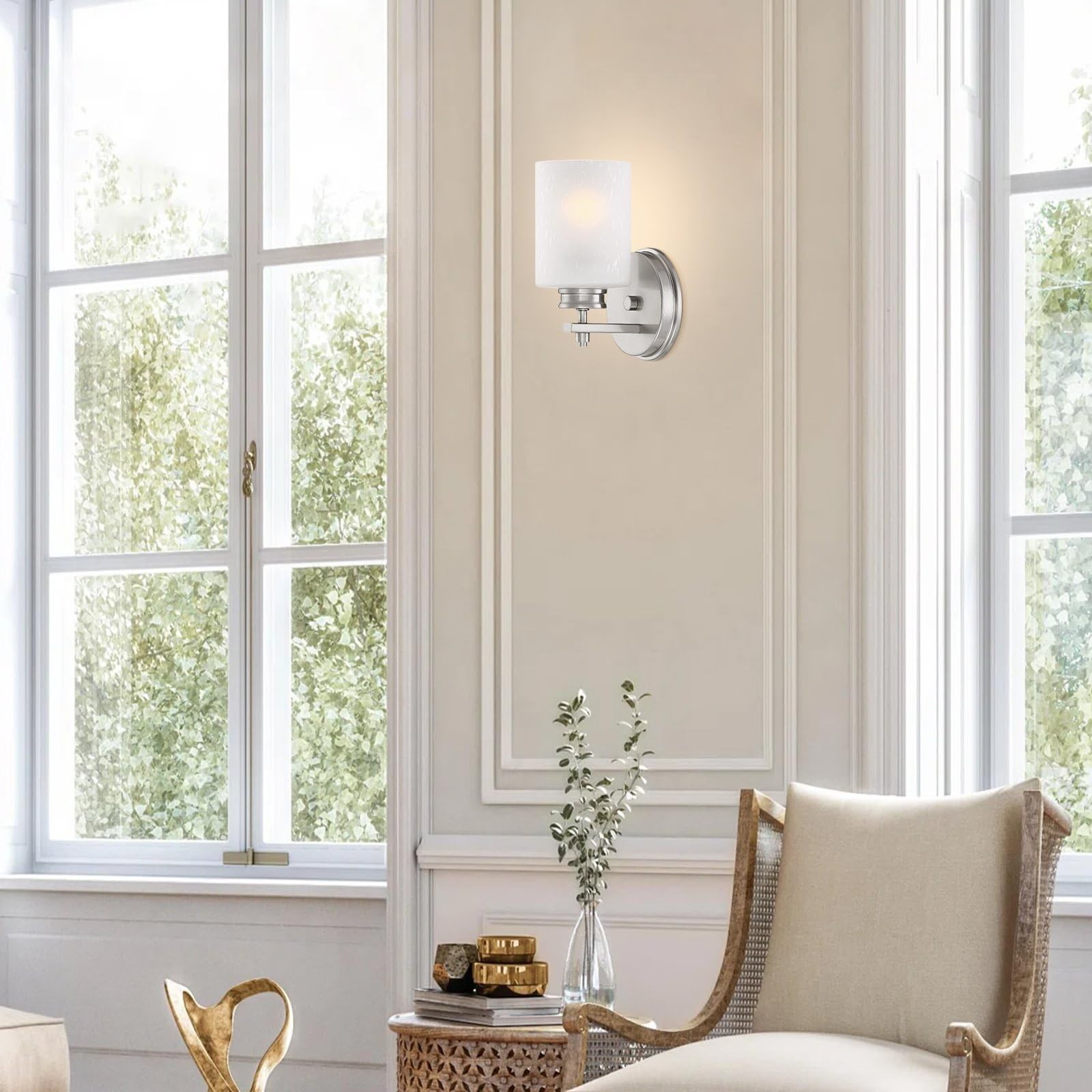 Modern 8″ Wall Sconce – Frosted Seeded Glass Shade, Industrial Silver Finish, Br