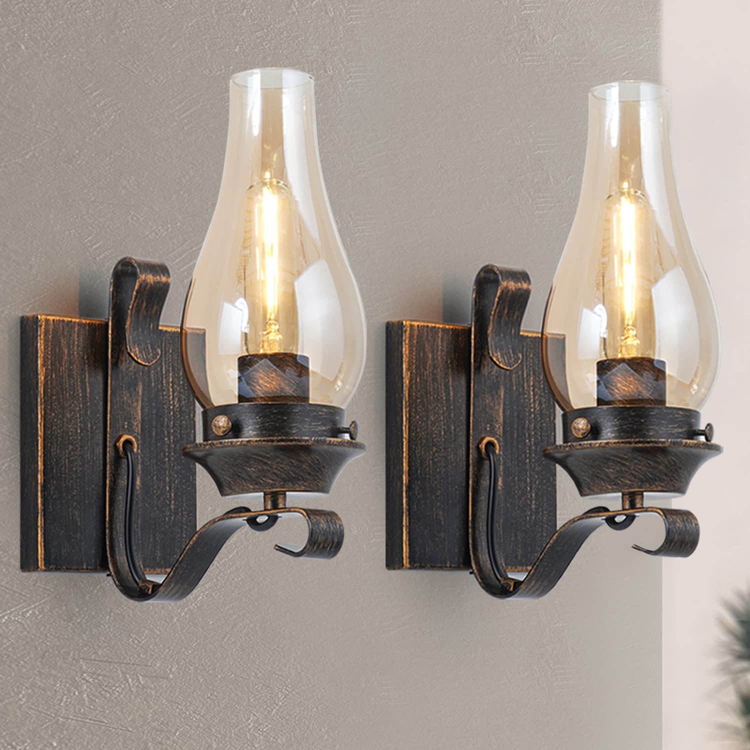 2 Pack Indoor Amber Glass Wall Light Vintage Oil Rubbed Bronze Sconce Fixtures