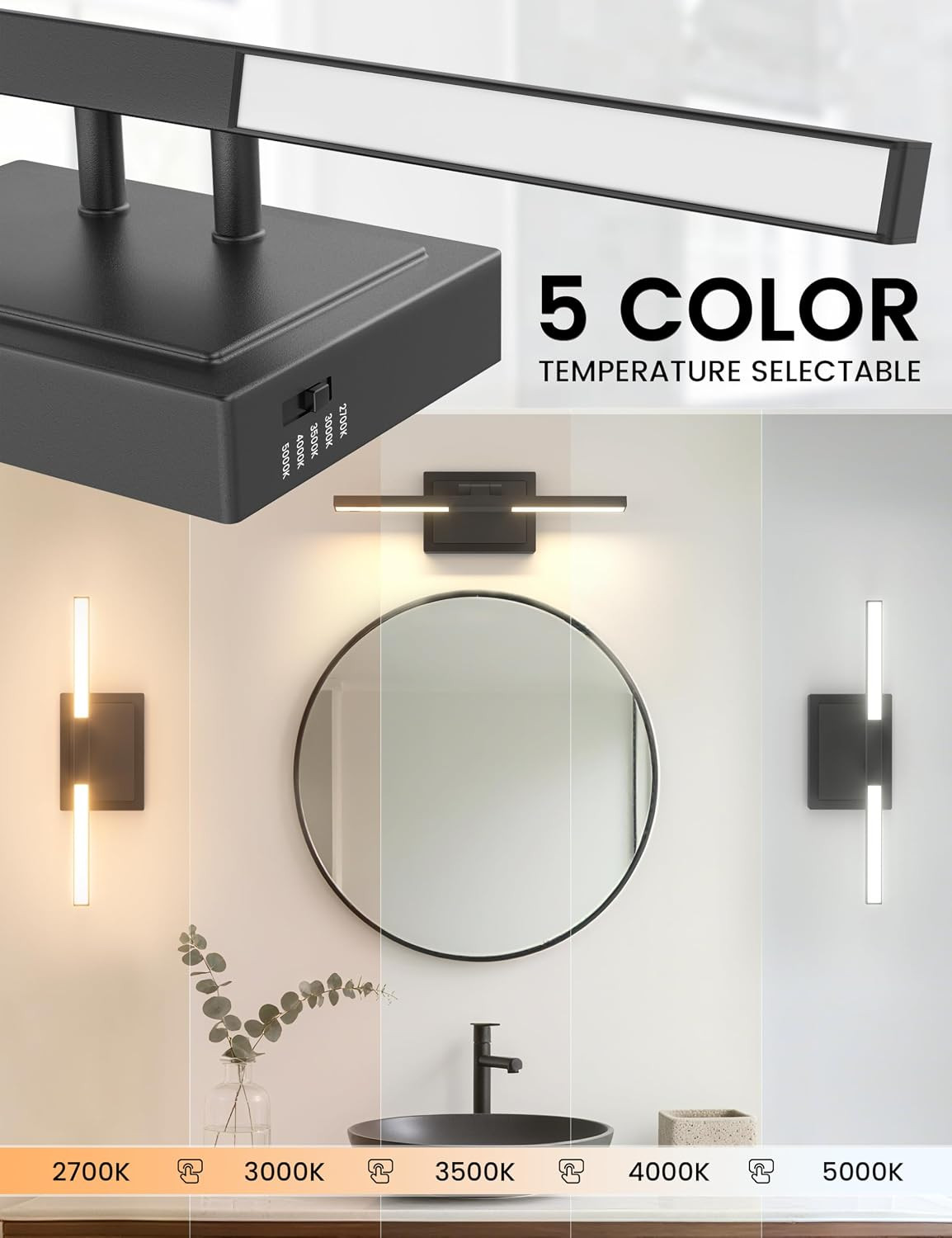 15.7 Inch Modern Bathroom Light Fixture, 20W 5CCT Dimmable LED Black Bathroom Va