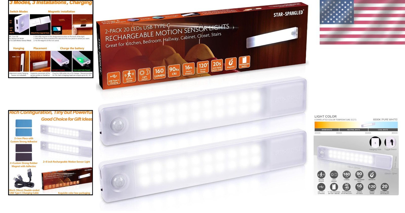 LED Magnetic Closet Lighting – 8 Inch Rechargeable Motion Sensor Lights, 2 Pack