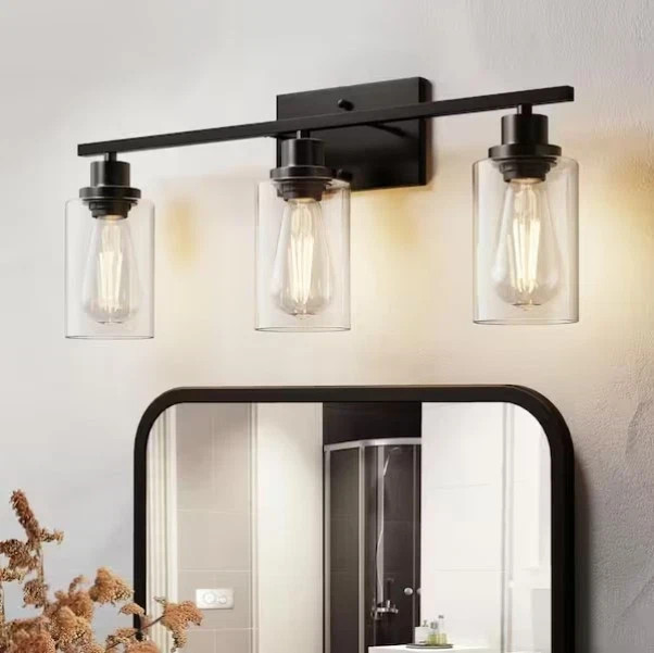 Yansun 3-Light Industrial Vanity Light Fixtures Matte Black 24″ H-WL011