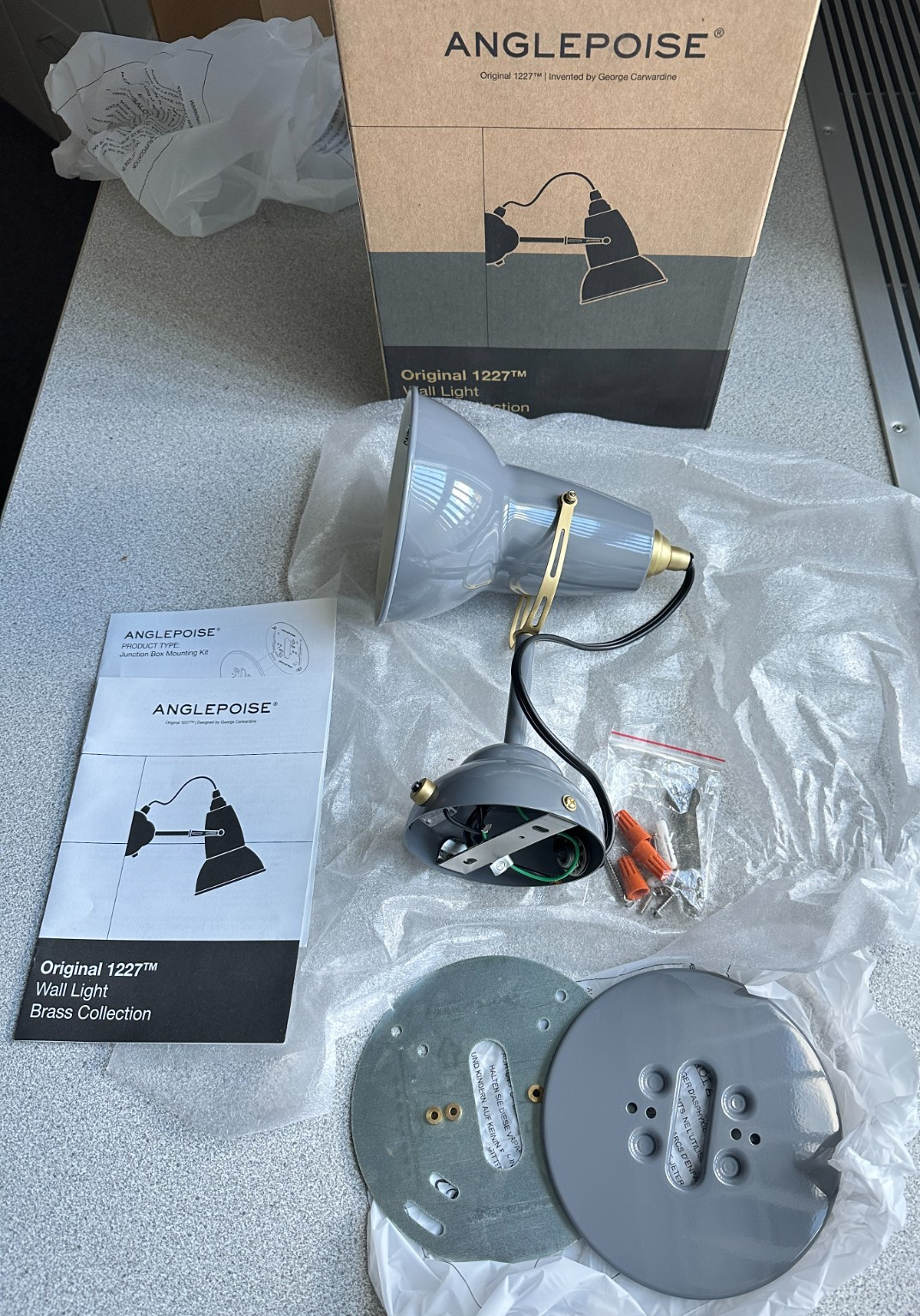 NEW Anglepoise Original 1227 Wall Light Sconce Elephant Gray w/ Brass, Classic