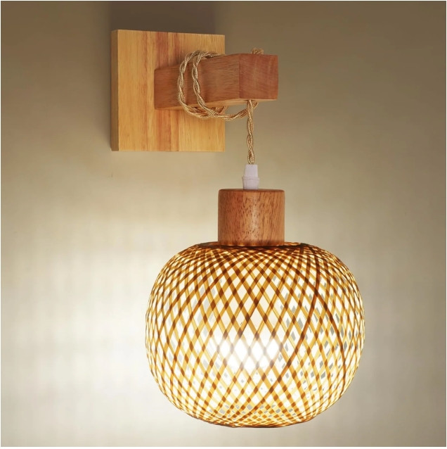 Battery Operated Wall Sconce, Rechargeable Rattan Bamboo Lantern (Black Base)