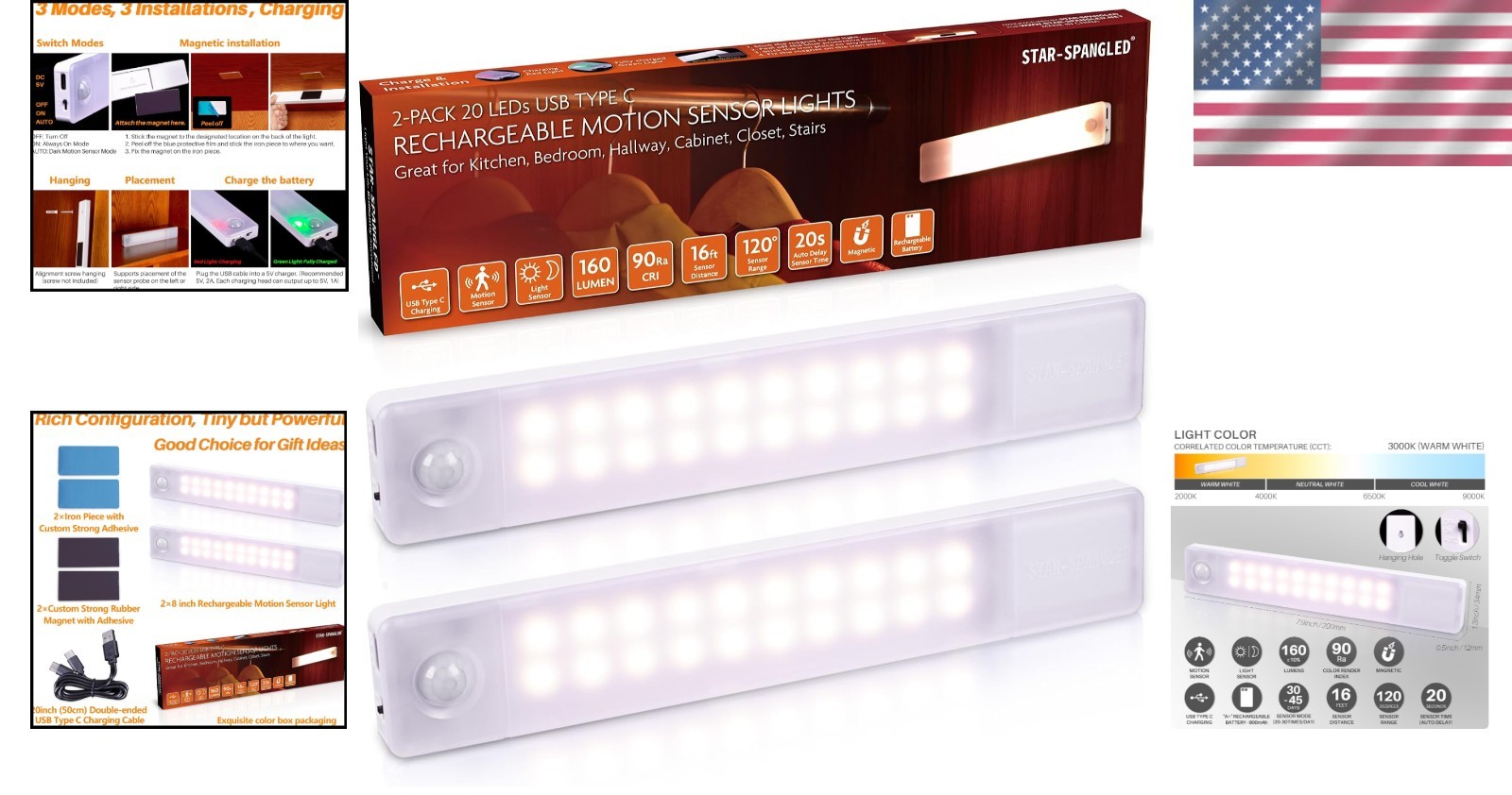 Elegant 8-Inch Rechargeable Motion Sensor Lights – USB Magnetic Stick-On, 2 Pack