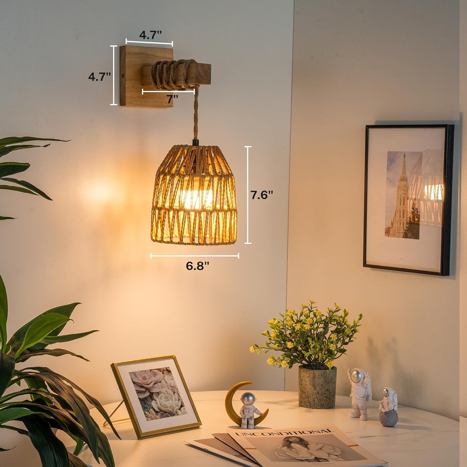 Rattan Wall Sconce, Battery Operated Rechargeable, Woven Lantern Wooden Light