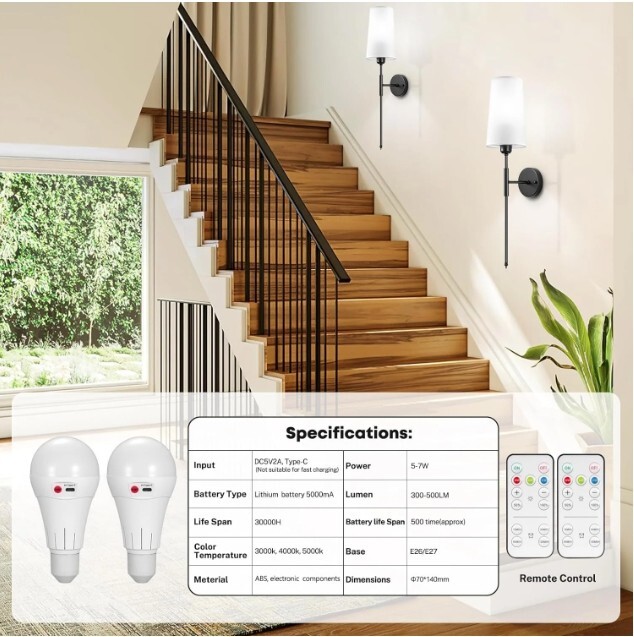 Battery Operated Wall Sconces with Remote Set of 2 Rechargeable Wall Light Black