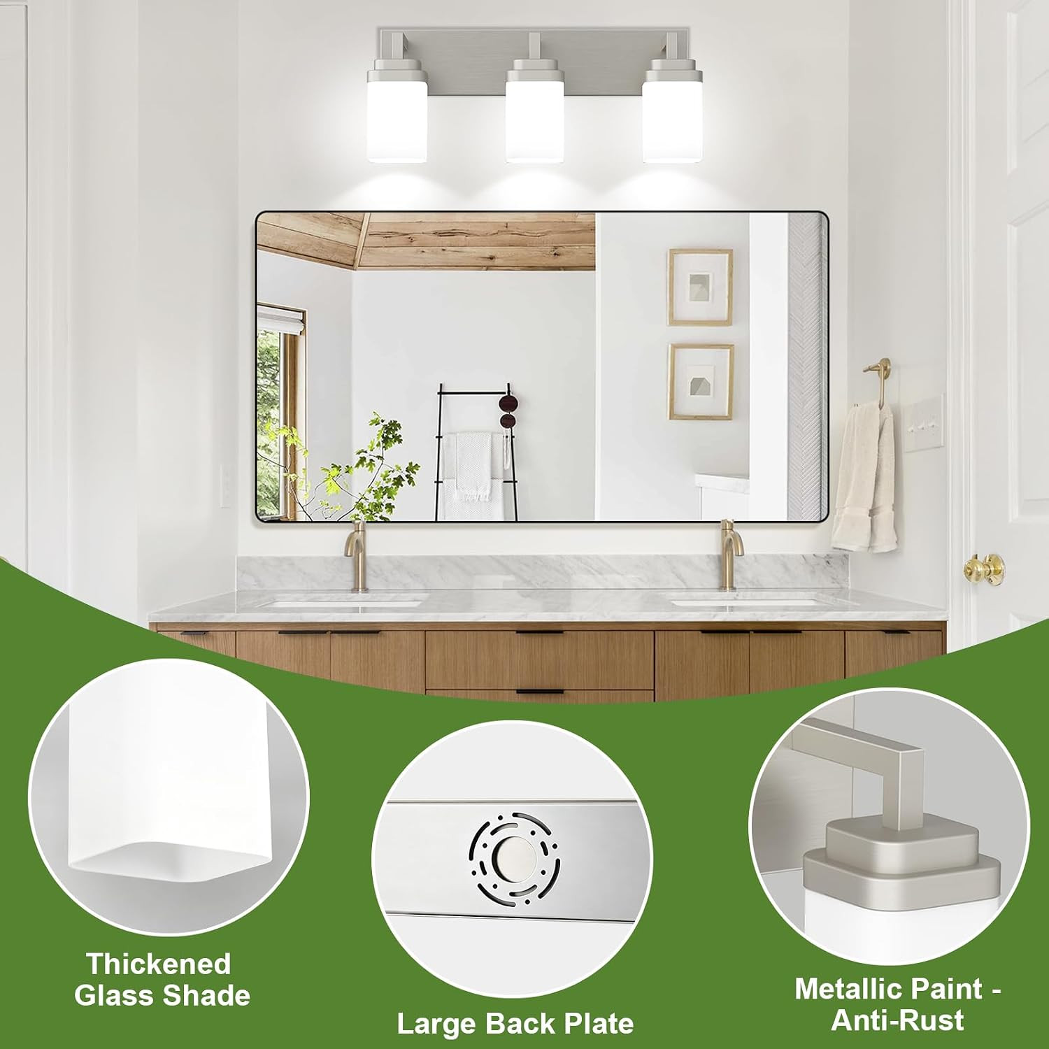 Brushed Nickel Bathroom Light Fixtures, Modern Vanity Lights with White Glass La