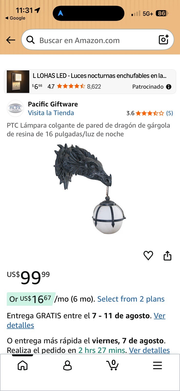 Pacific Giftware Resin Gargoyle Dragon Wall Sconce, Corded, Globe, Red/Blue