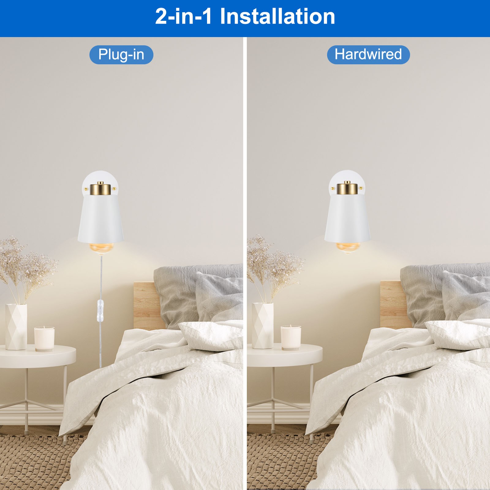 2Pack Plug in Wall Sconces with Plug-in Cord On/Off Switch for Bedside White