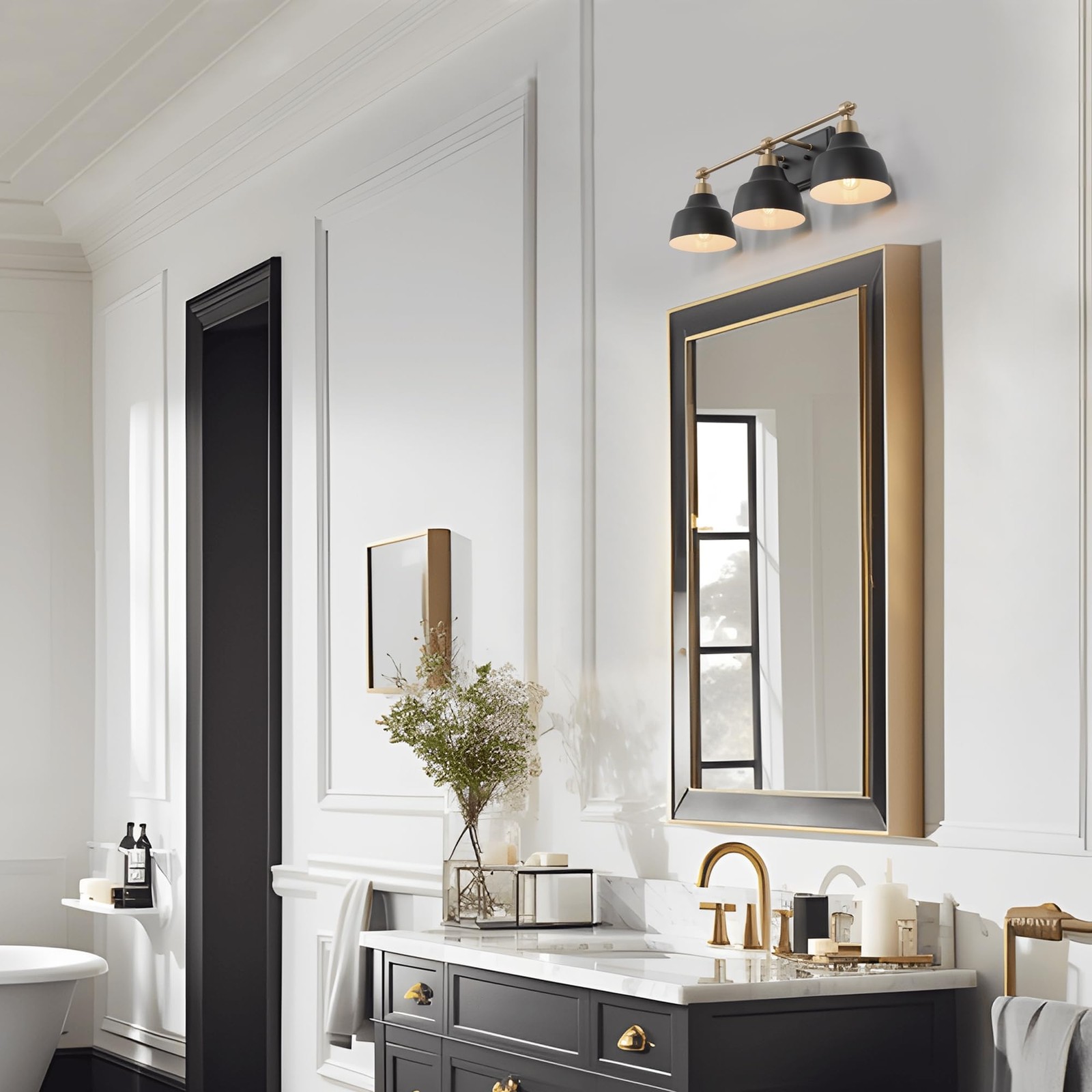 Bathroom Wall Light Fixtures Black Gold Vanity Light, 3-Light Black & Gold