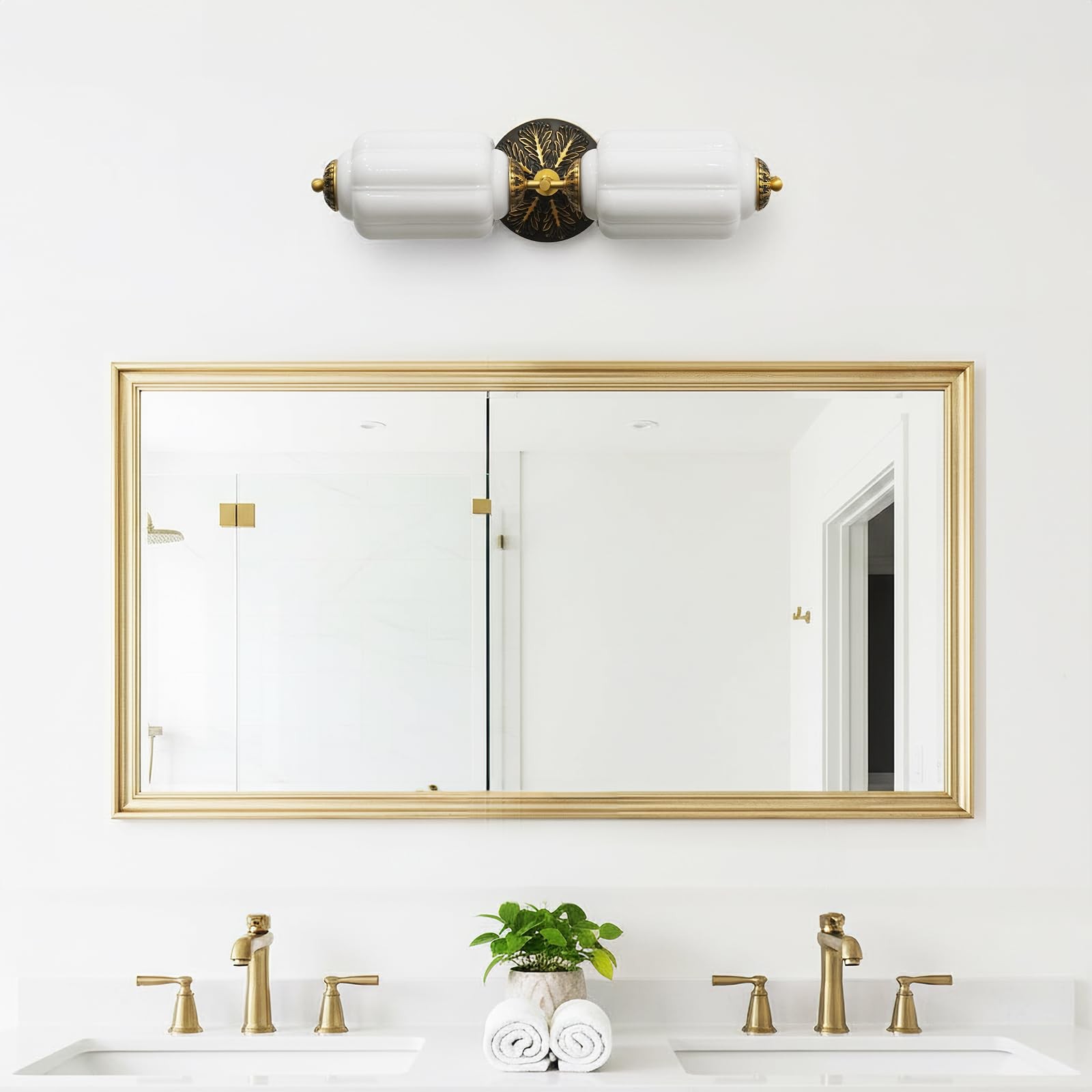 Vintage Bathroom Vanity Light – 2-Light Milk Glass Sconce with Antique Brass …