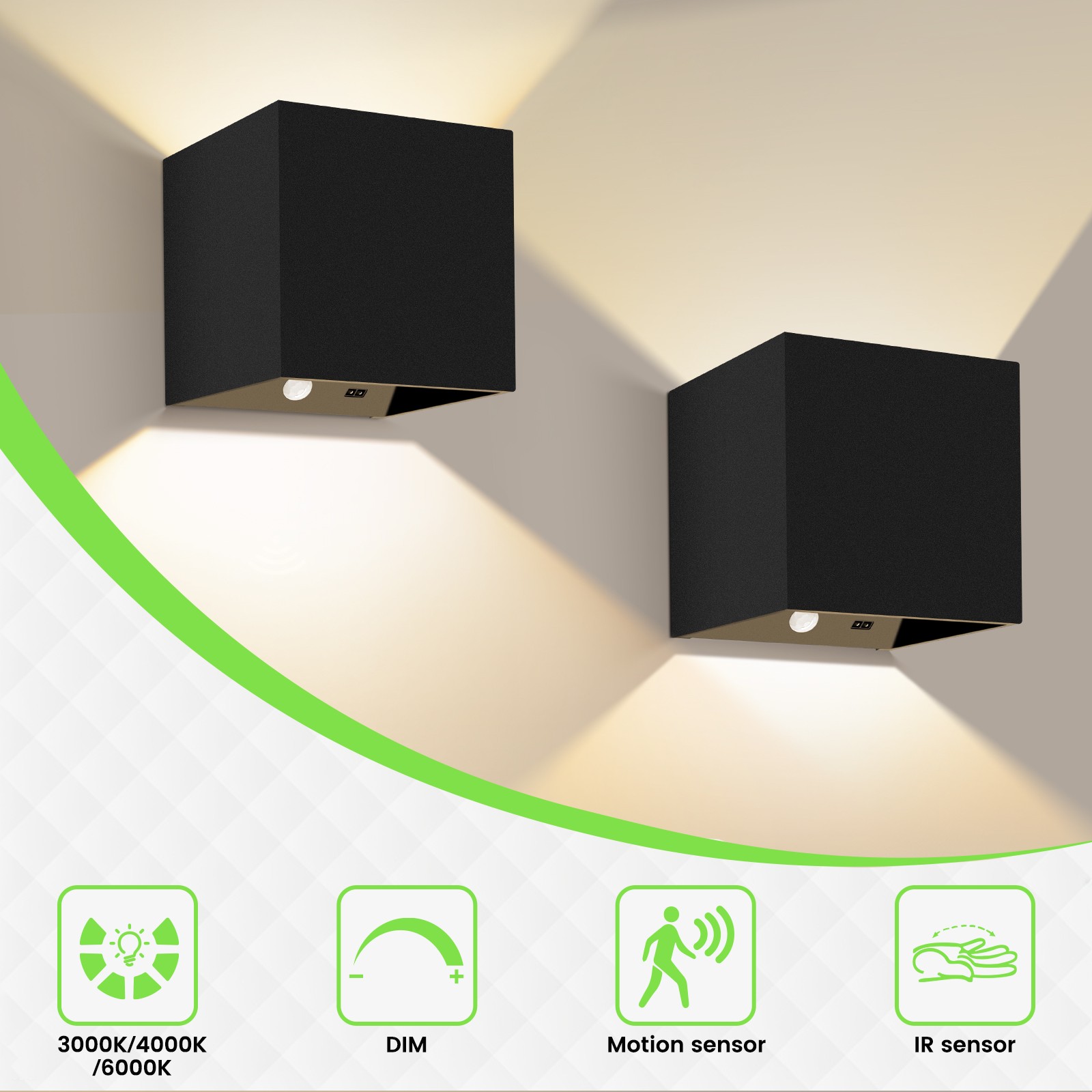 2 Pack Cube LED Wall Lights Indoor 4W 3CCT Dimmable USB Black Motion Modern Lamp