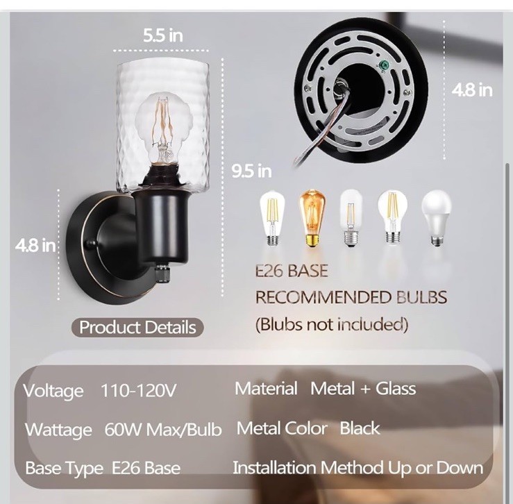 Wall Sconces for Bathroom, Modern Vanity, Rotary Switch Matte Black 2 Pack