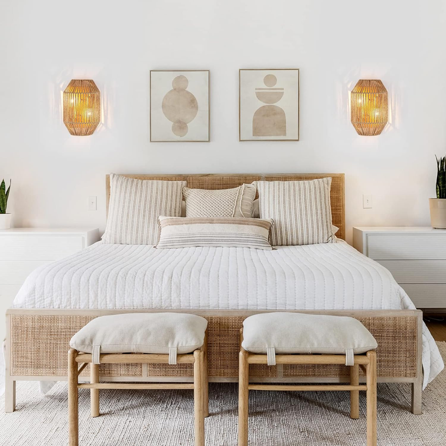 Natural Rattan Wall Sconce Set of 2 with Boho Woven Wicker Shade Antique Brass