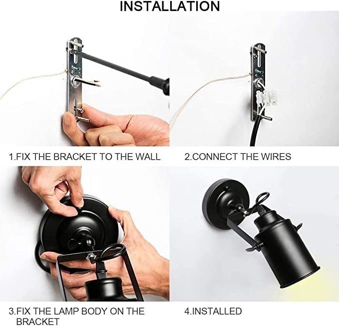 Adjustable Retro Black Wall Sconces – Plug-in Rocker Lamps for Bedroom, Living R