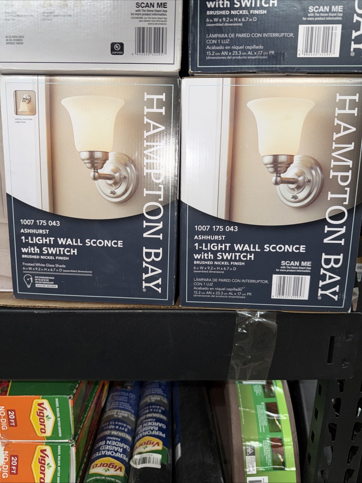 Lot of 2 Hampton Bay Ashurst Brushed Nickel Wall 1- Light Sconces with Switch