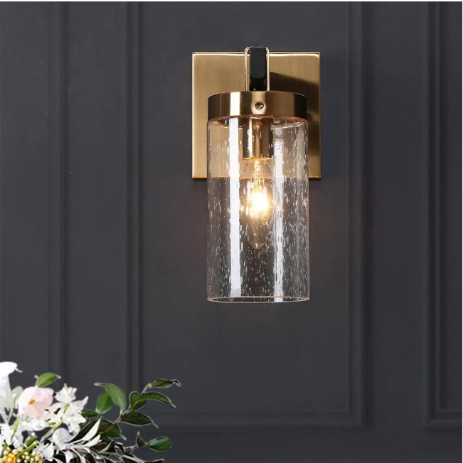 Zevni Musom 1-Light Modern Brass Gold Wall Sconce Seeded Glass Bathroom A04661