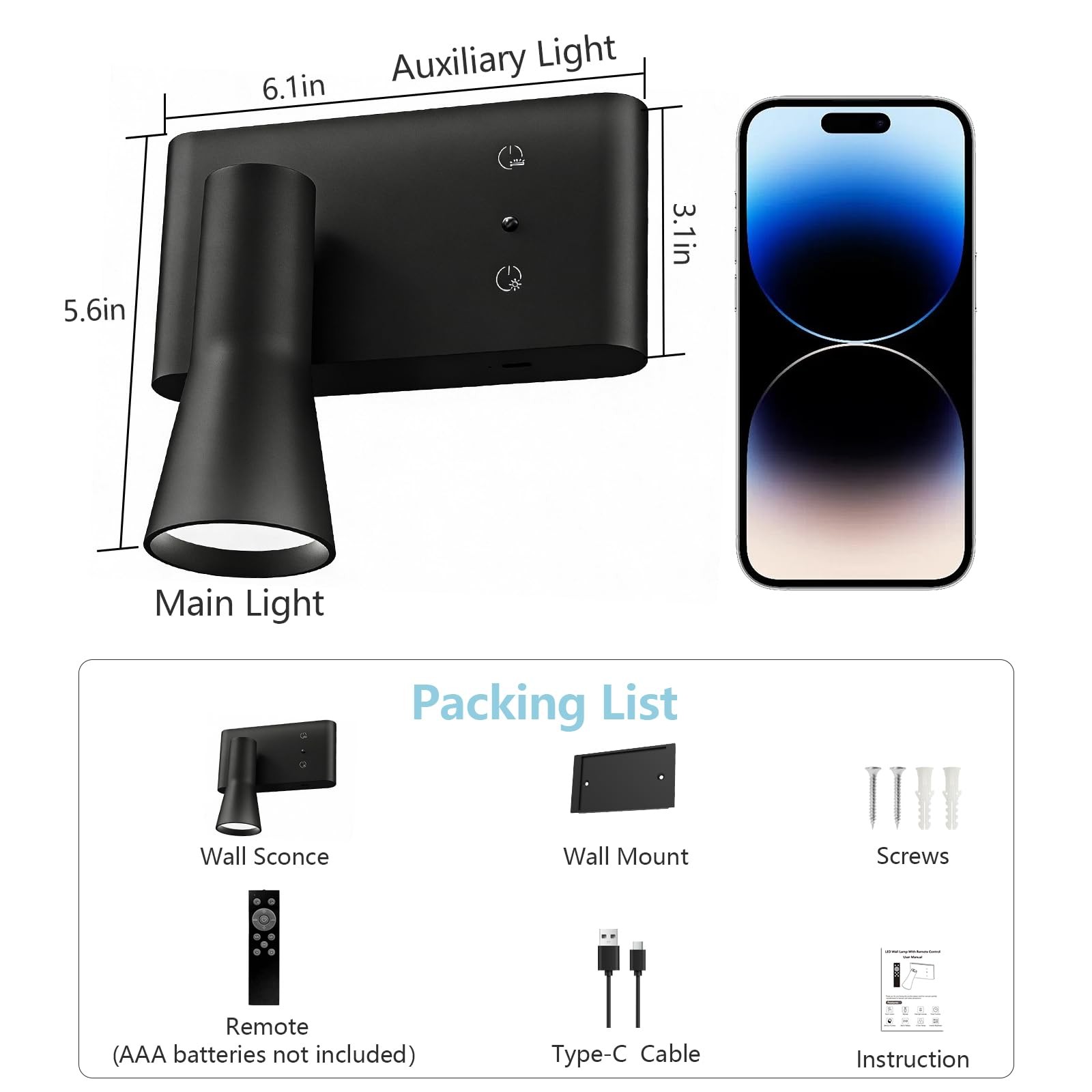 LED Wall Light, Wall Lights with Remote & Touch Control, 10000mAh Dimmable Wa…