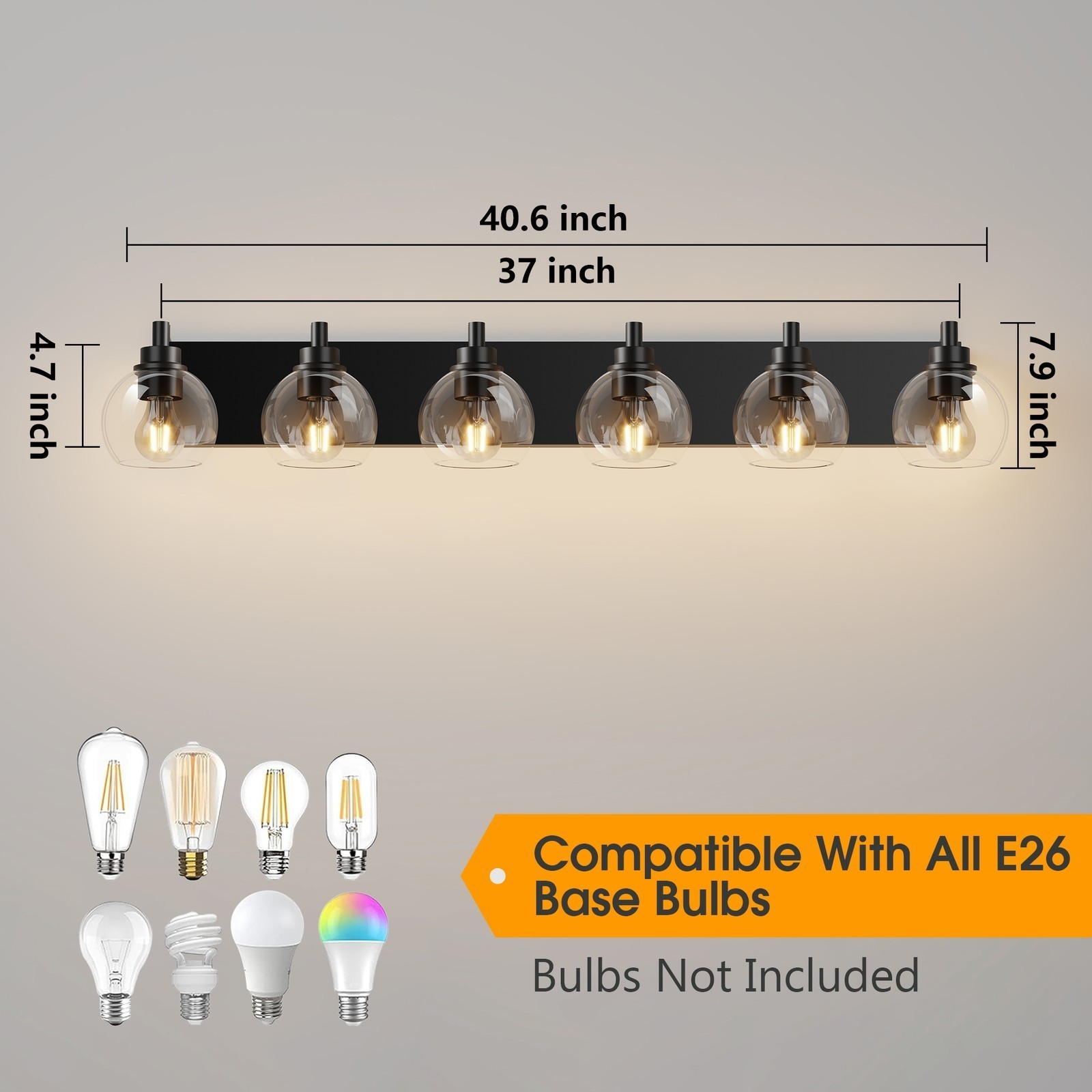 LED 6 Lights Glass Shade Vanity Light Fixture Bathroom Wall Mirror Black 41 in
