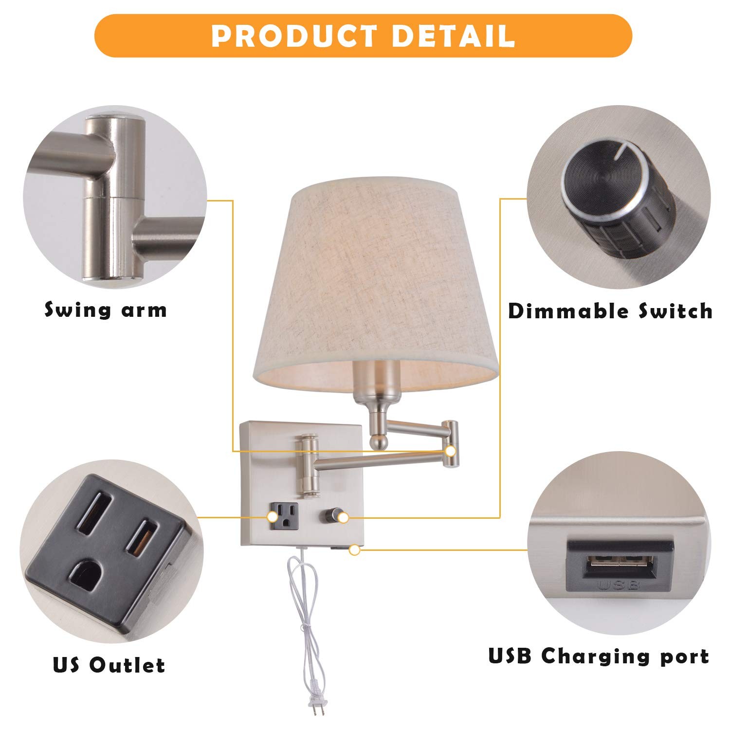 Bedside Wall Mount Light with Dimmable Switch and Outlet, Swing Arm Fabric Sh…