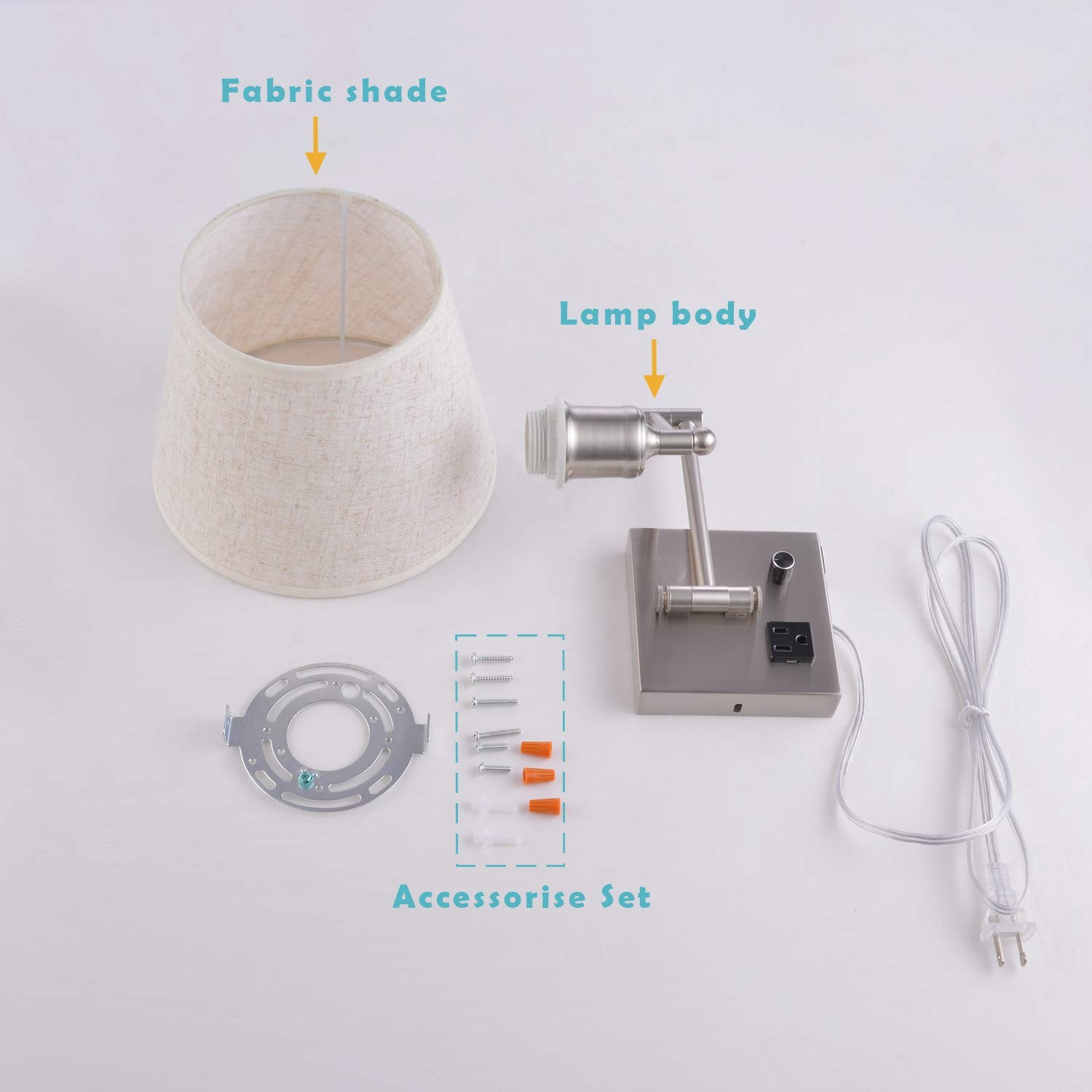 Bedside Wall Mount Light with Dimmable Switch and Outlet, Swing Arm Fabric Sh…