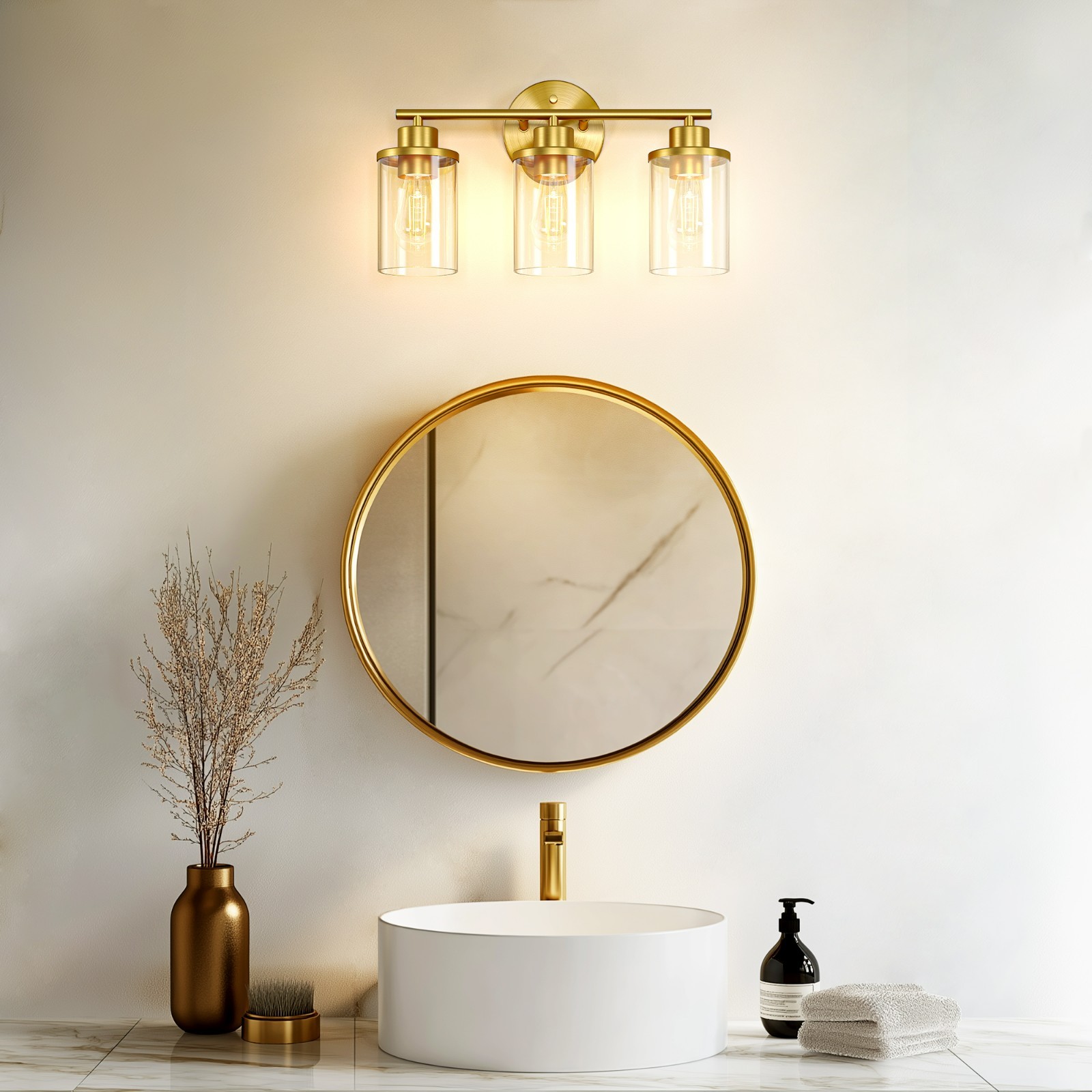 EDISHINE Dimmable Vanity Lighting, Iron & Glass Construction, Satin Brass, 16.9″