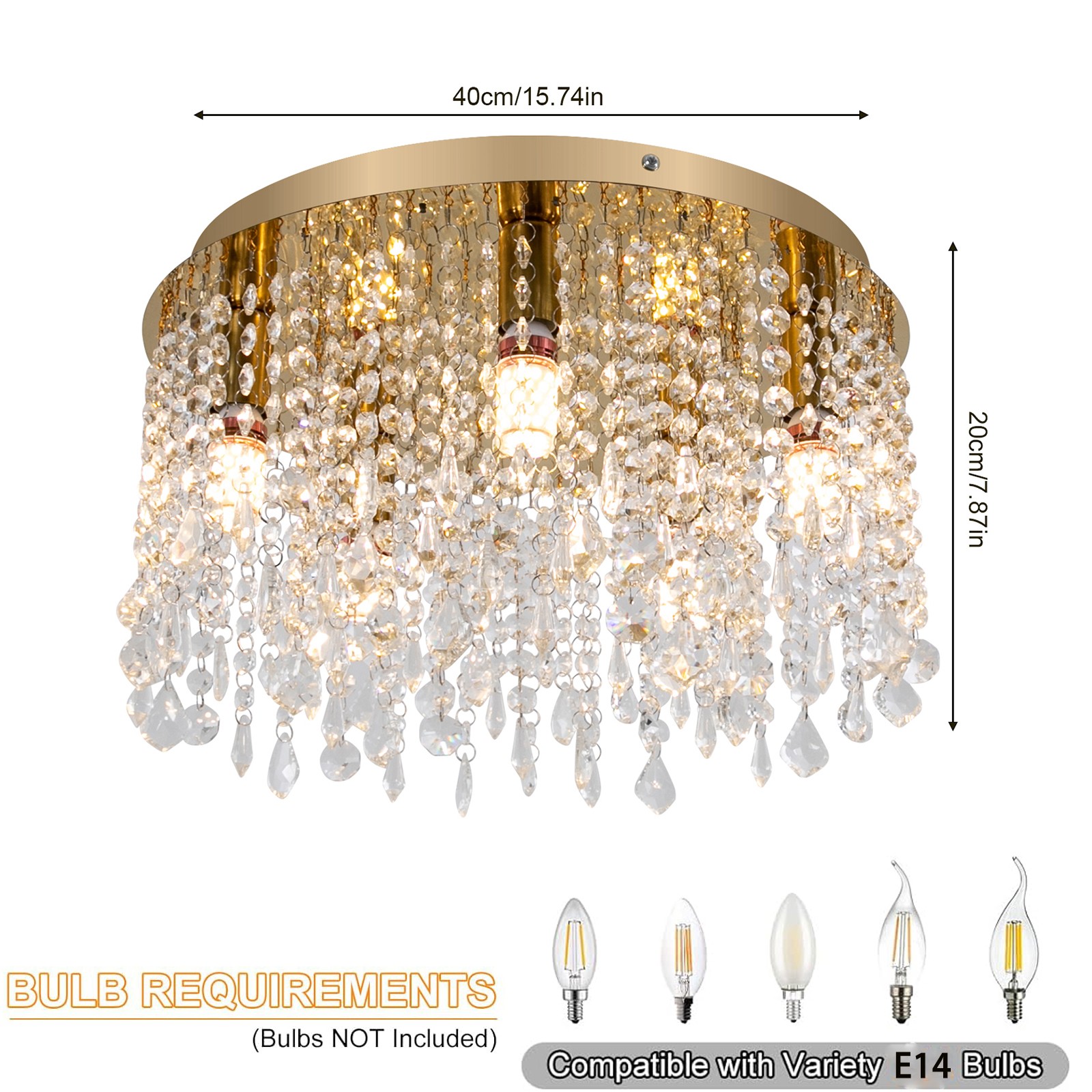 Gold 5-Light Crystal Modern Ceiling Lighting Fixture E14 For Bedrooms Indoor NEW