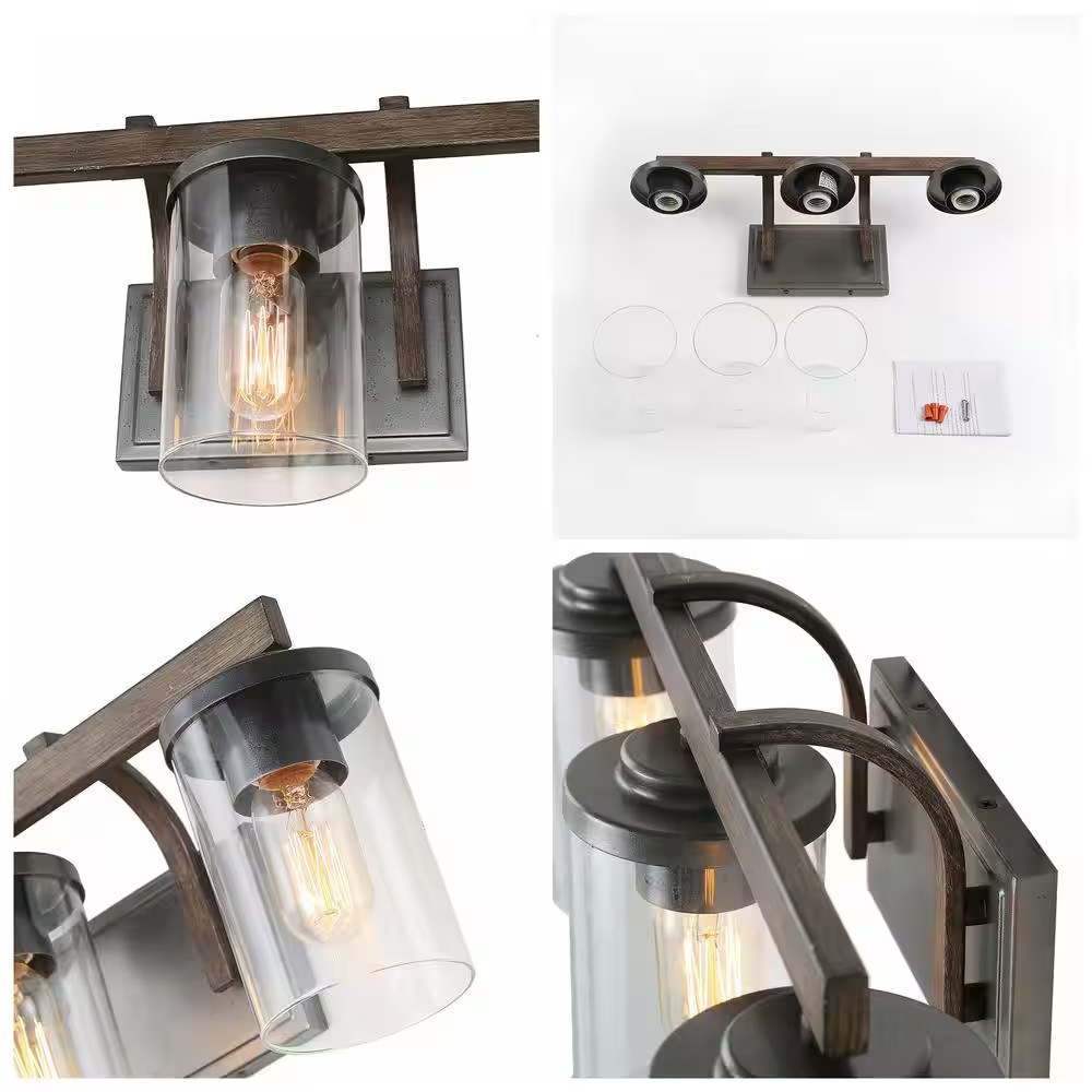 LNC A03409 20in 3-Light Farmhouse Vanity Light Rust Black Faux Wood Clear Glass
