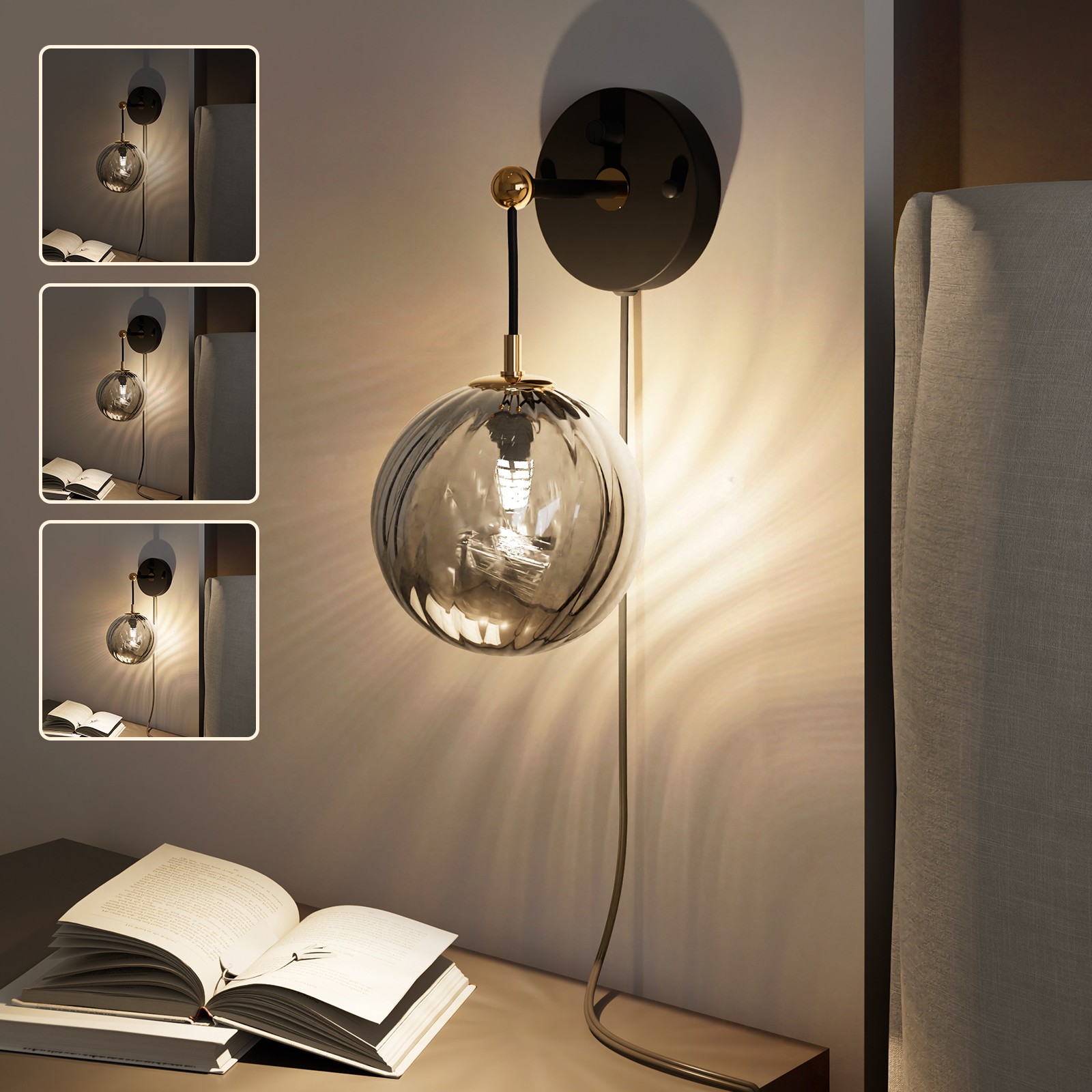 American Wall Sconces Dimmable Touch Control Wall Lamps Glass Globe for Bedroom