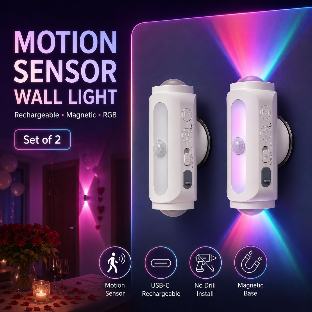 Rechargeable Motion Sensor Wall Lights, Wireless RGB Sconce Set of 2
