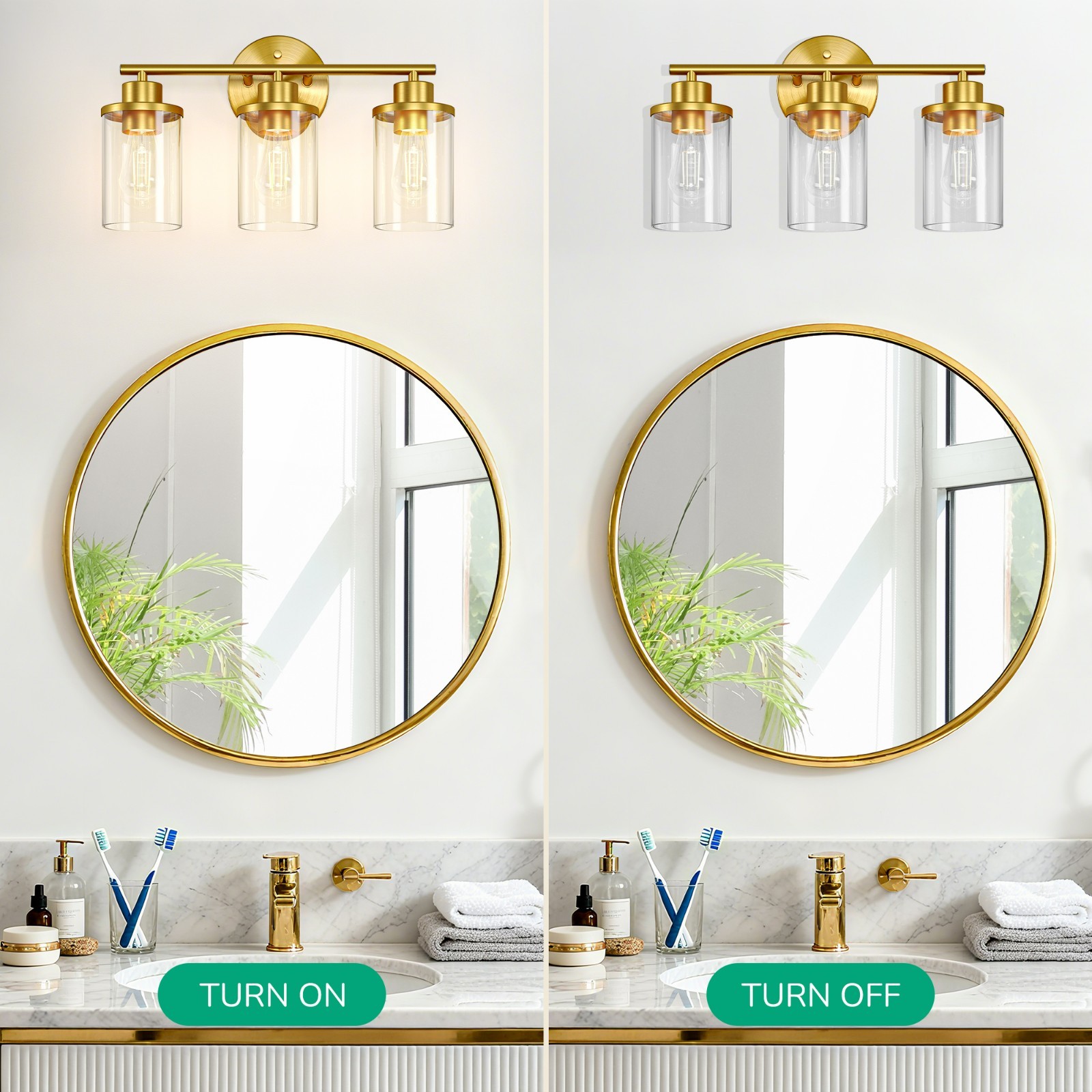 EDISHINE Dimmable Vanity Lighting, Iron & Glass Construction, Satin Brass, 16.9″
