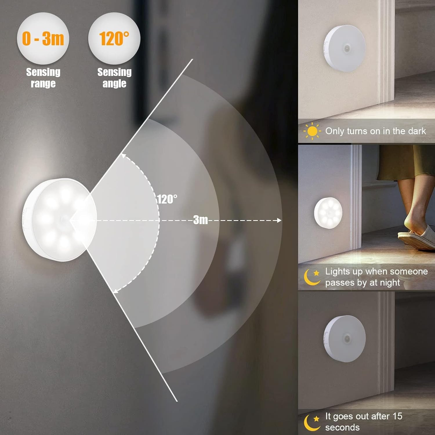 Led Motion Sensor Light USB Rechargeable PIR Wall Cabinet Stair Night Light Lamp