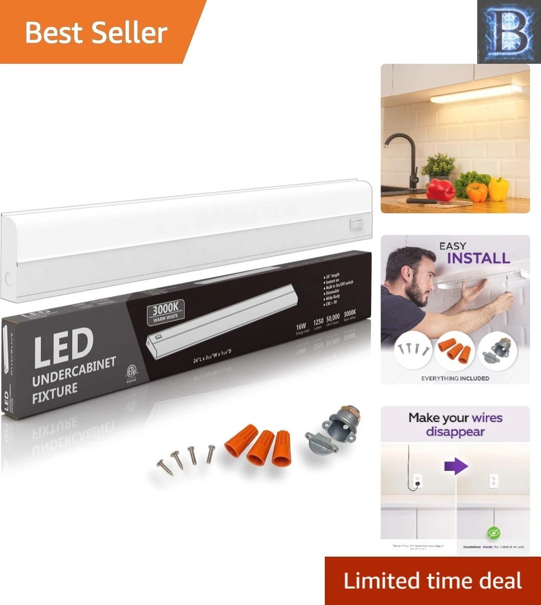 Energy-Efficient 16W LED Under Cabinet Lighting – 24-Inch Warm White Dimmable