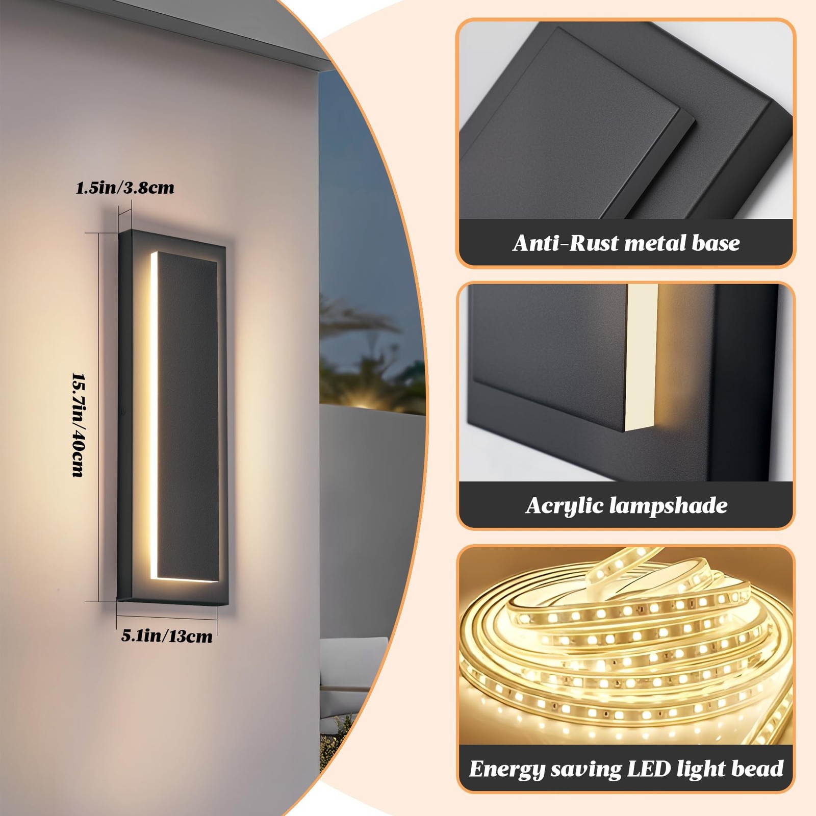 15.7 in Outdoor Wall Sconce Light,Modern Exterior Lights Fixture,Outdoor Porc…