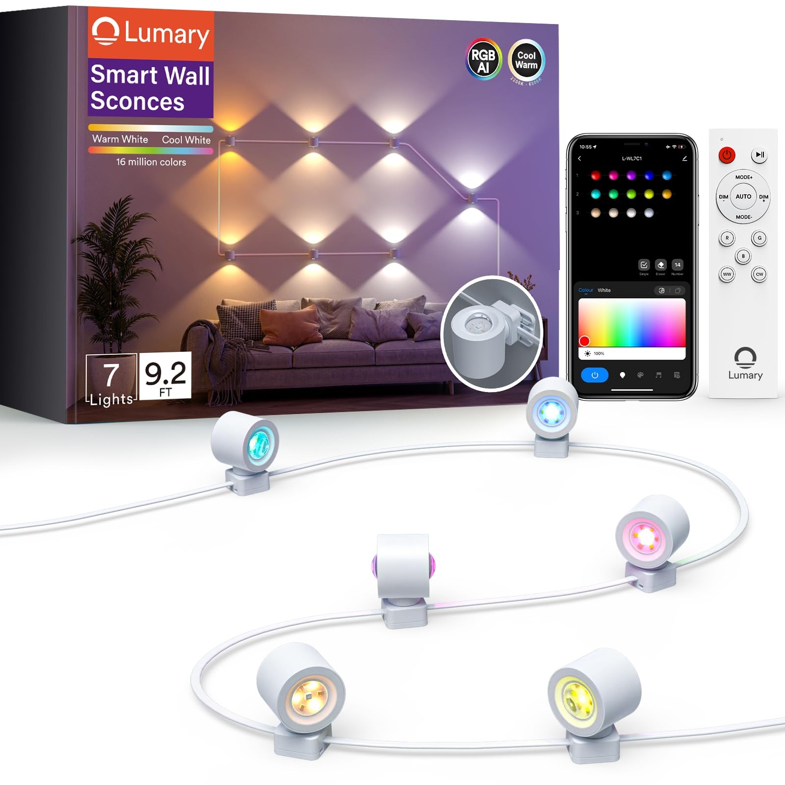 RGBAI Wall Sconces, 180° Rotation with 14 LEDs, 9.2 FT, Timer