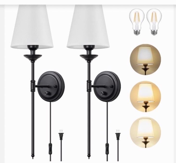 Set Of 2 New Modern Wall Sconce with Switch, Plug in, Black, Open Box