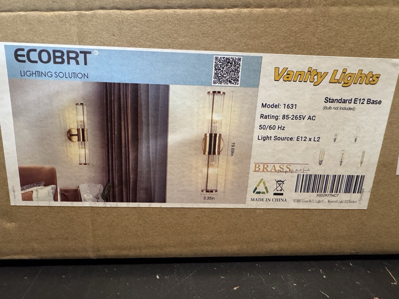 NEW ECOBRT Lighting Solution Vanity Light Brass/Glass Shade Model 1631