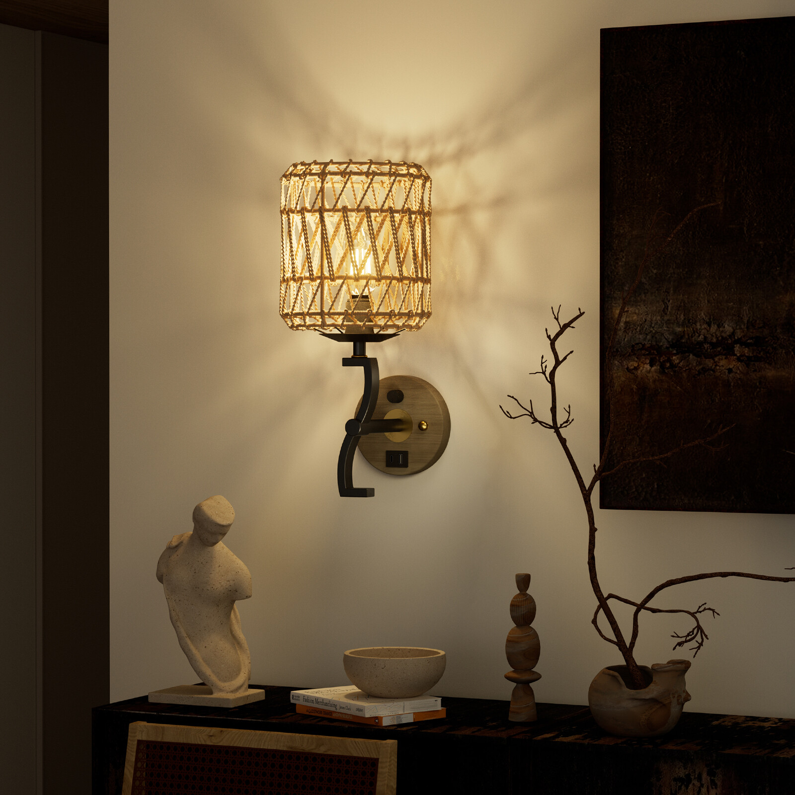 Vintage Wall Light Dimmable Hardwired LED Wall Sconce Bedroom Rattan Shade Brown