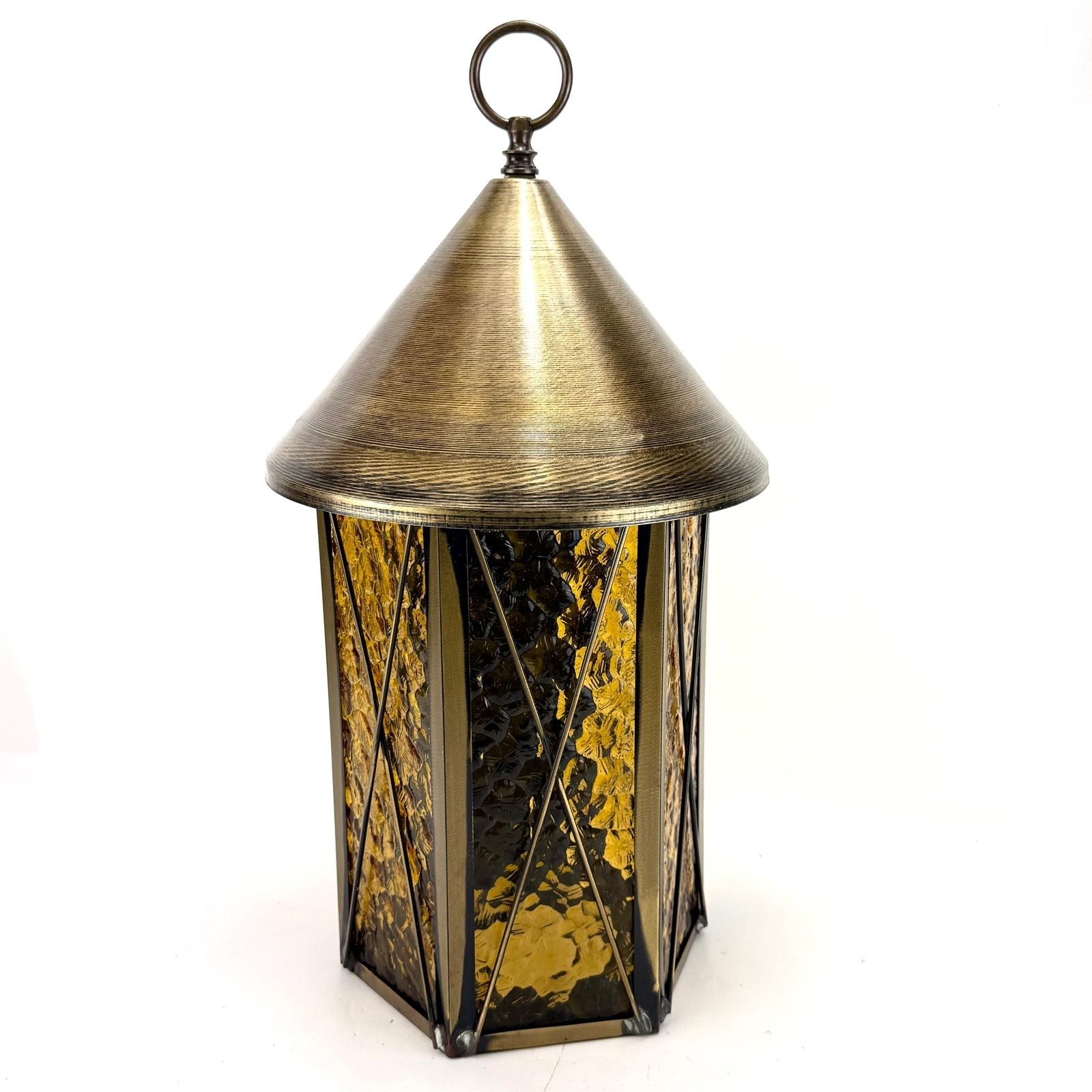 Vintage American Lantern Amber Slag Glass Outdoor Wall Sconce Light Brass