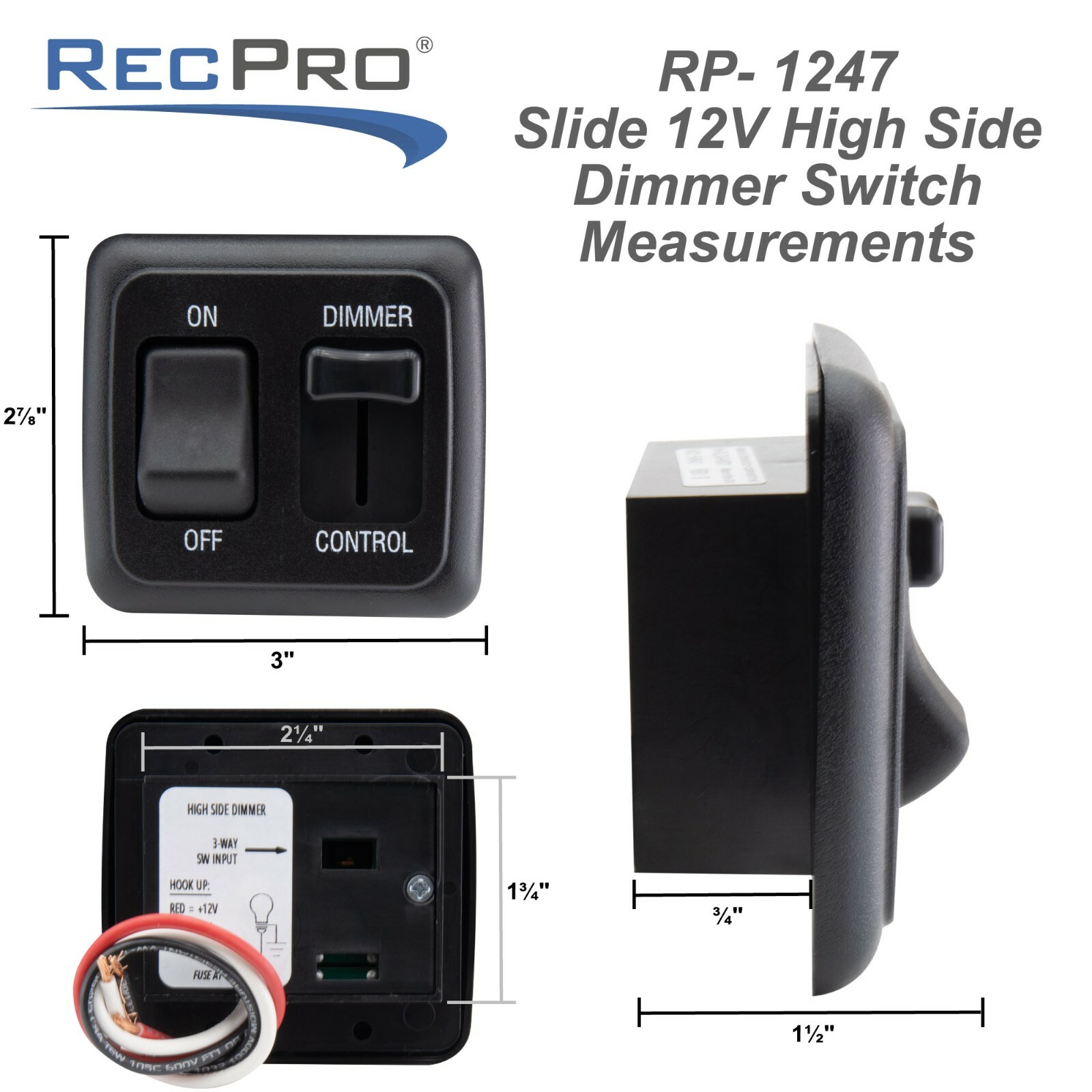 RV Light Switch 12V DC with High Side Dimmer Slider Compatible with LEDs
