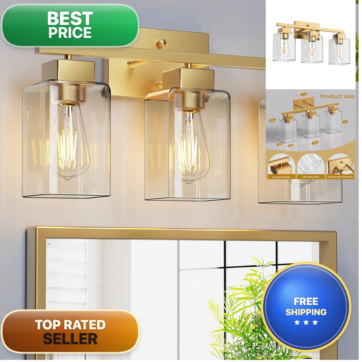 PARTPHONER 3-Light Bathroom Light Fixtures, Brushed Gold Modern Vanity Lights