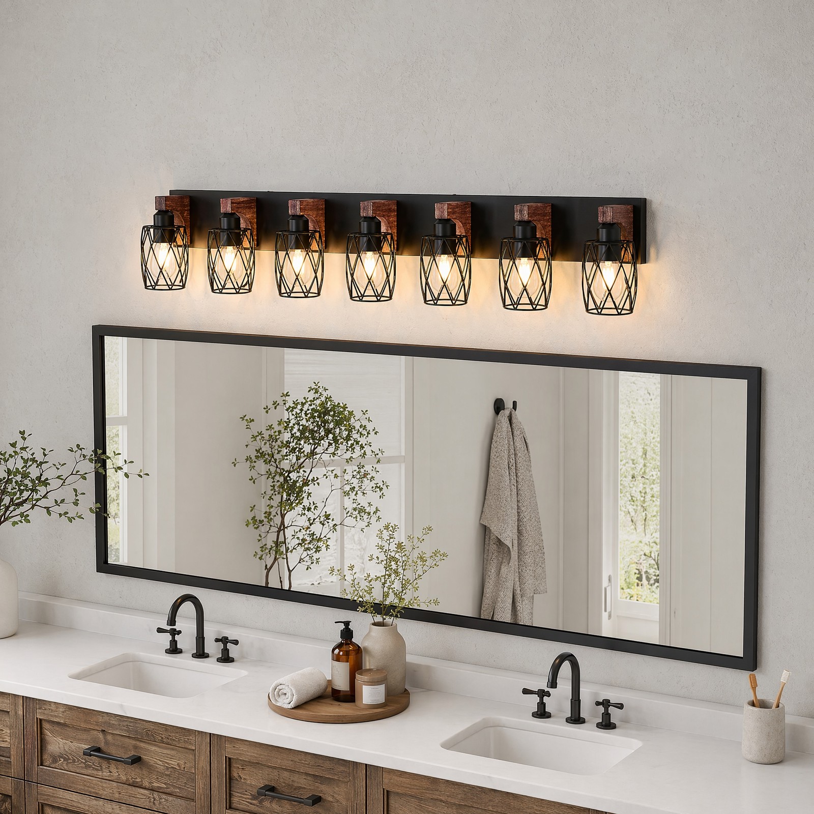 44» Vanity 7 Light LED Metal Shade Bathroom Mirror Wall Sconce Black Fixture
