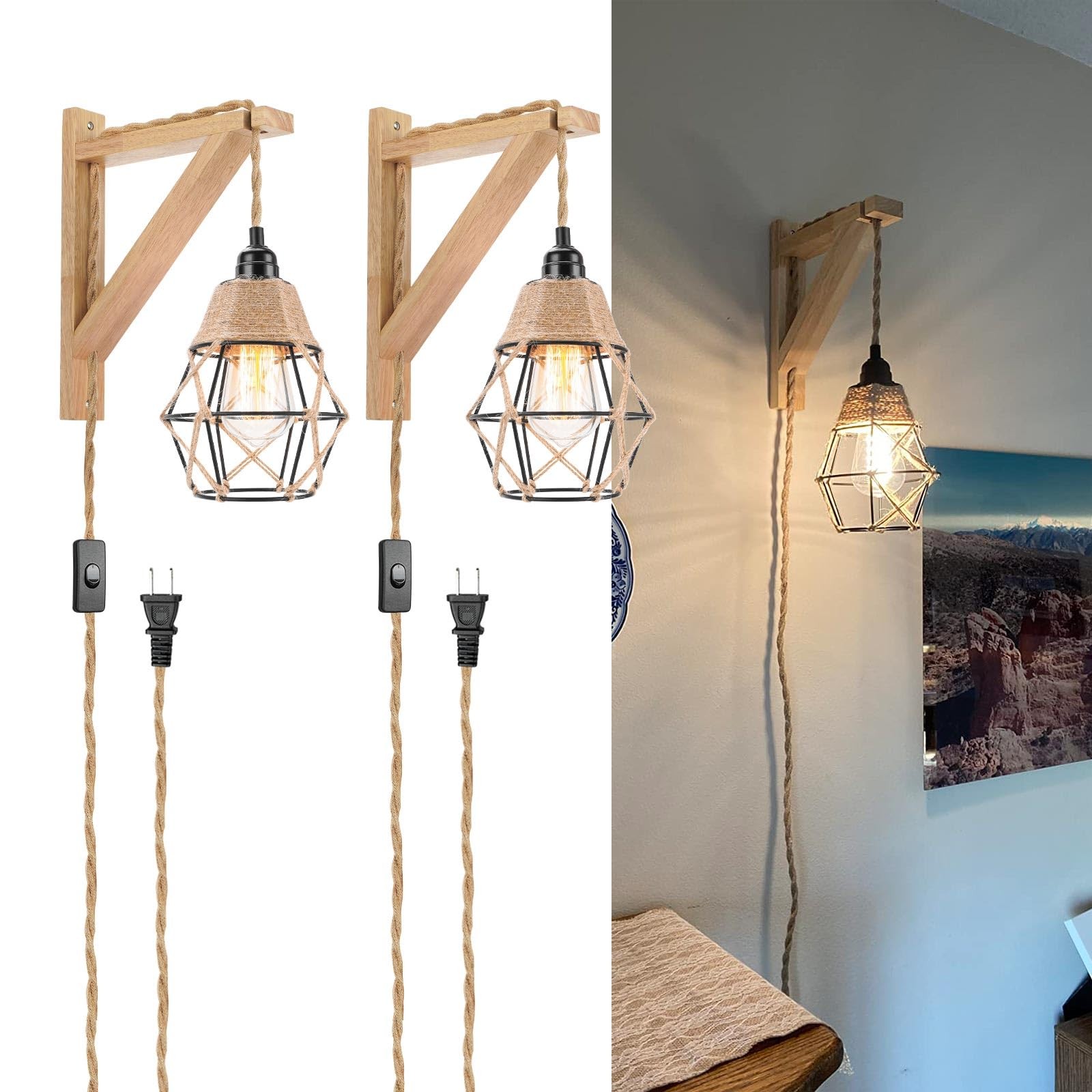 Frideko Wood Wall Sconces Set Of Two Plug In Rustic Wall Lamp With Plug In Cord