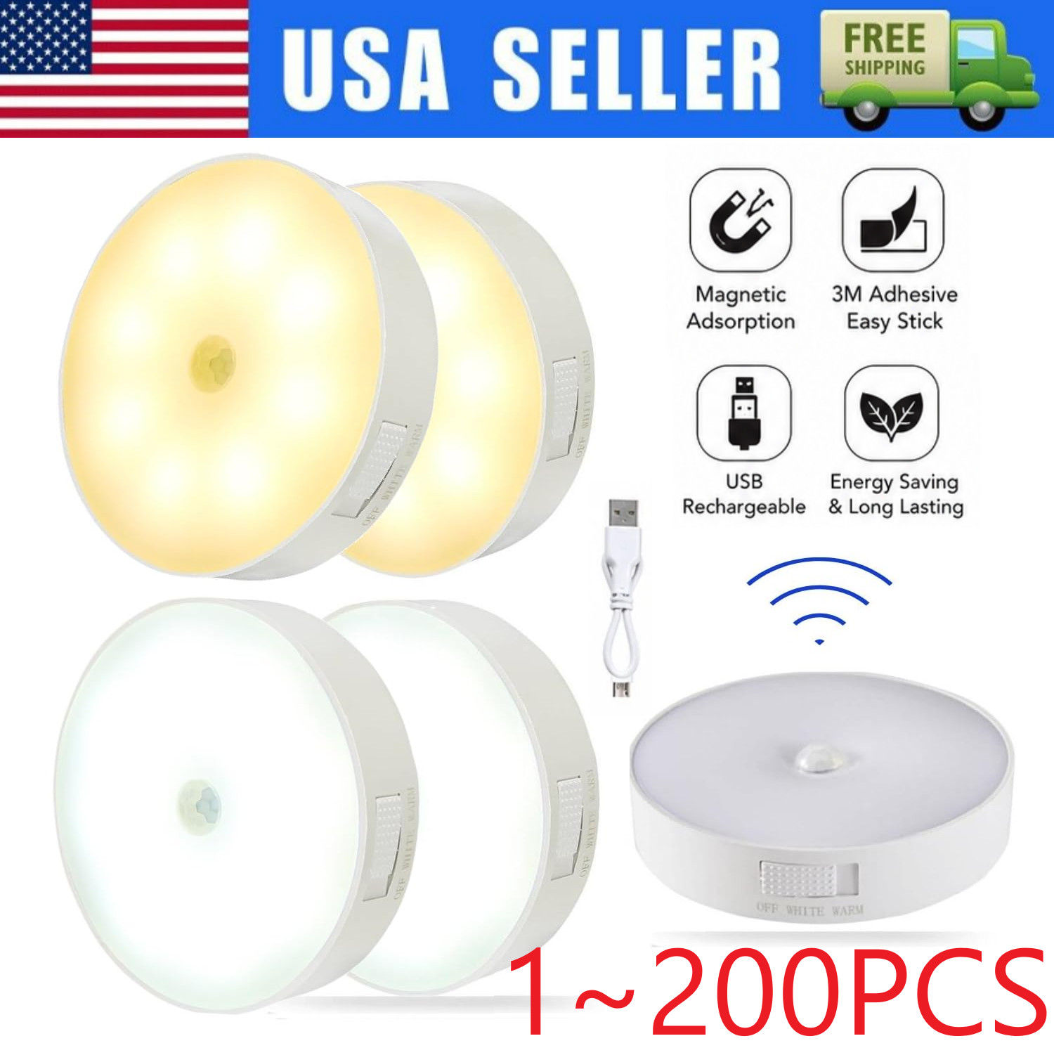 Led Motion Sensor Light USB Rechargeable PIR Wall Cabinet Stair Night Light Lamp