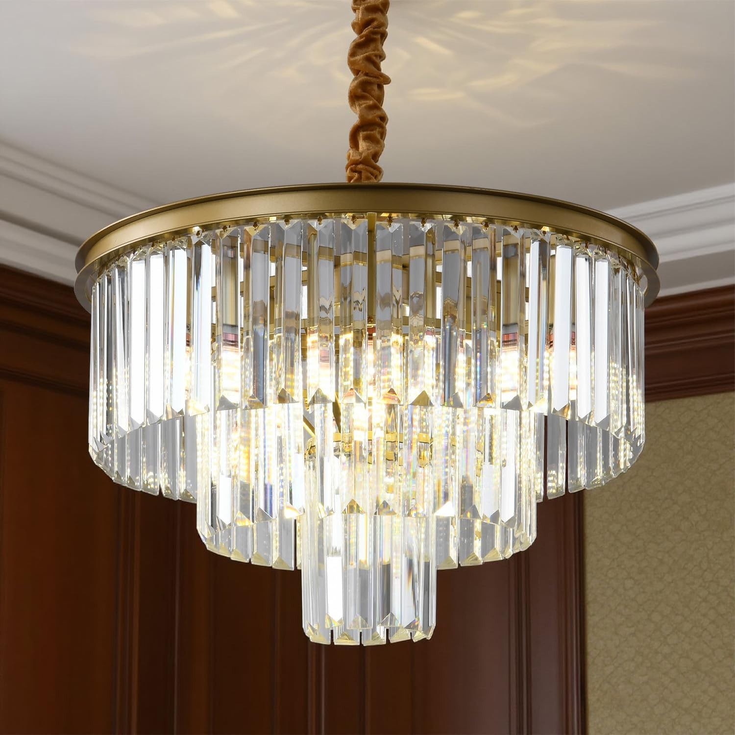Golden Crystal Chandelier Lighting K9 Crystal Round Chandelier Suspended Ceil…