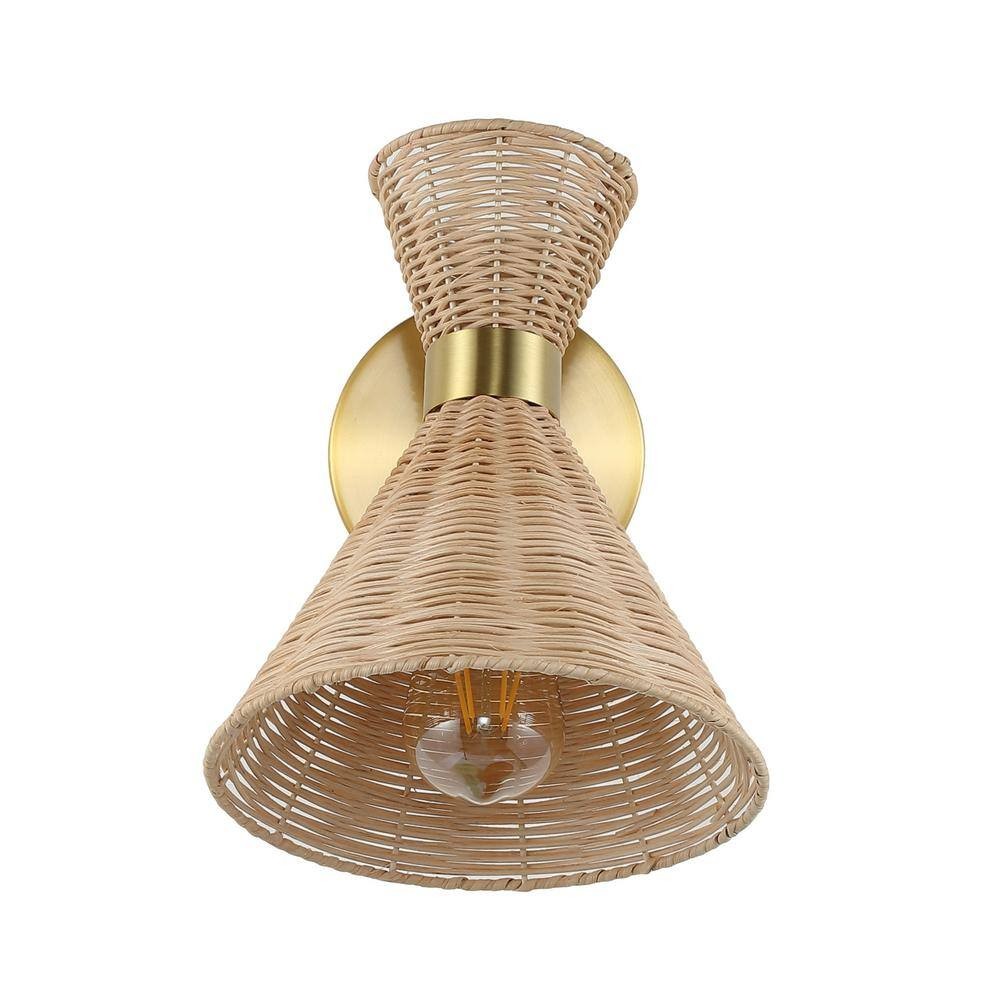 JONATHAN Y Zoey 10″ 1-Light Rattan Brass Wall Sconce Mid-Century Adjustable