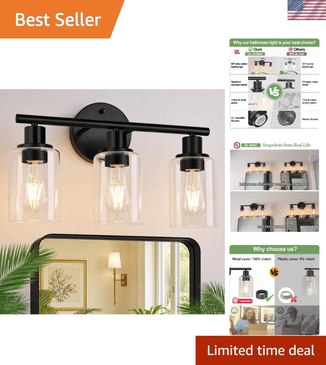 Versatile 3-Light Matte Black Wall Lamp with Touch Control for Multiple Rooms