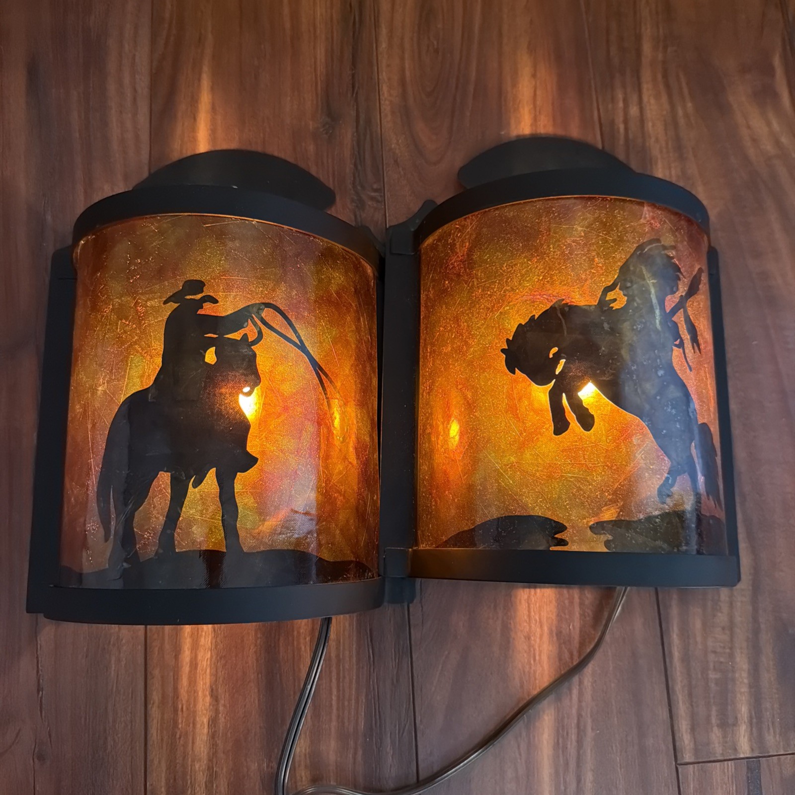 Vintage Western Plug In Sconces Pair Cowboy Lasso & Native American Silhouette